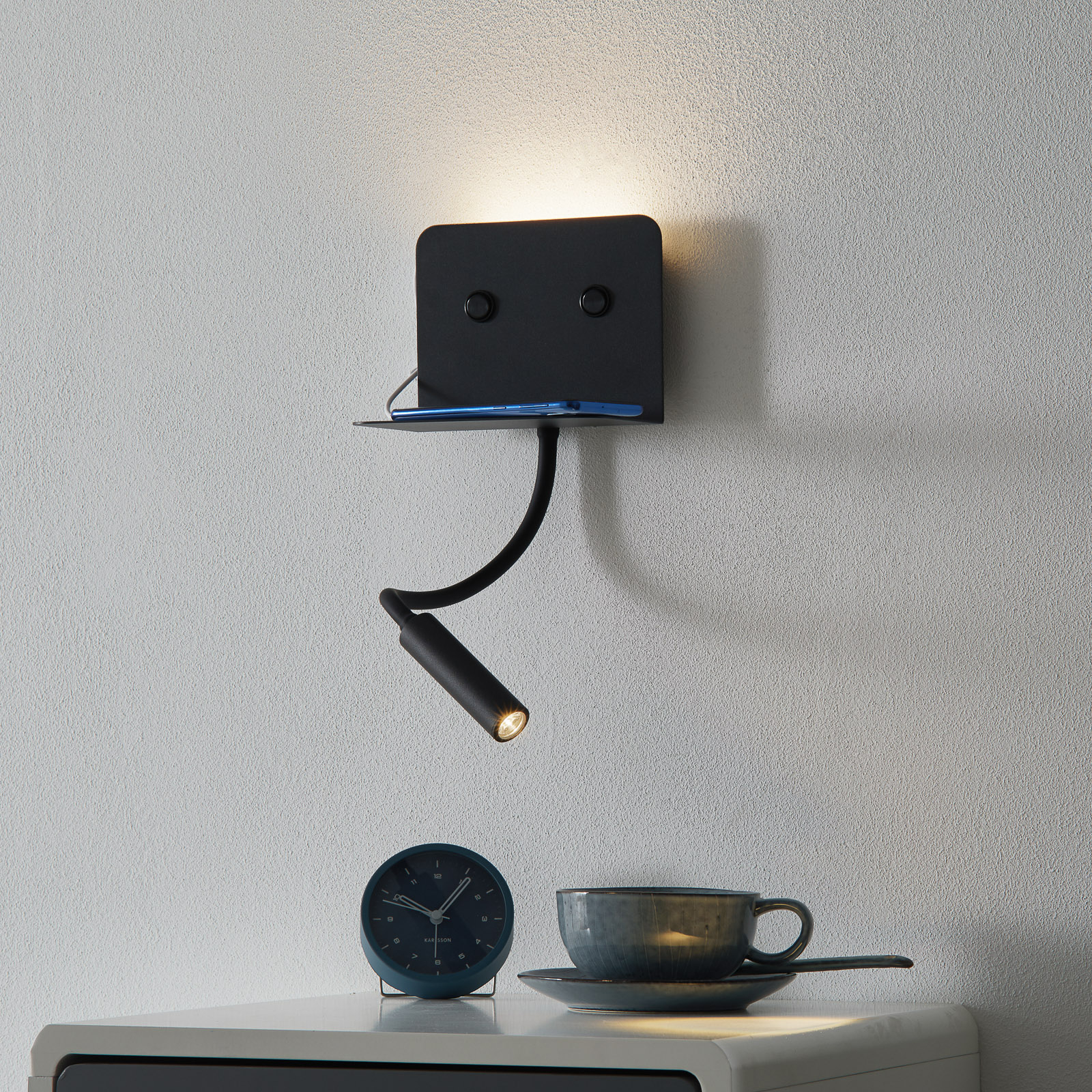 LED-vägglampa Level, läslampa + USB-port svart