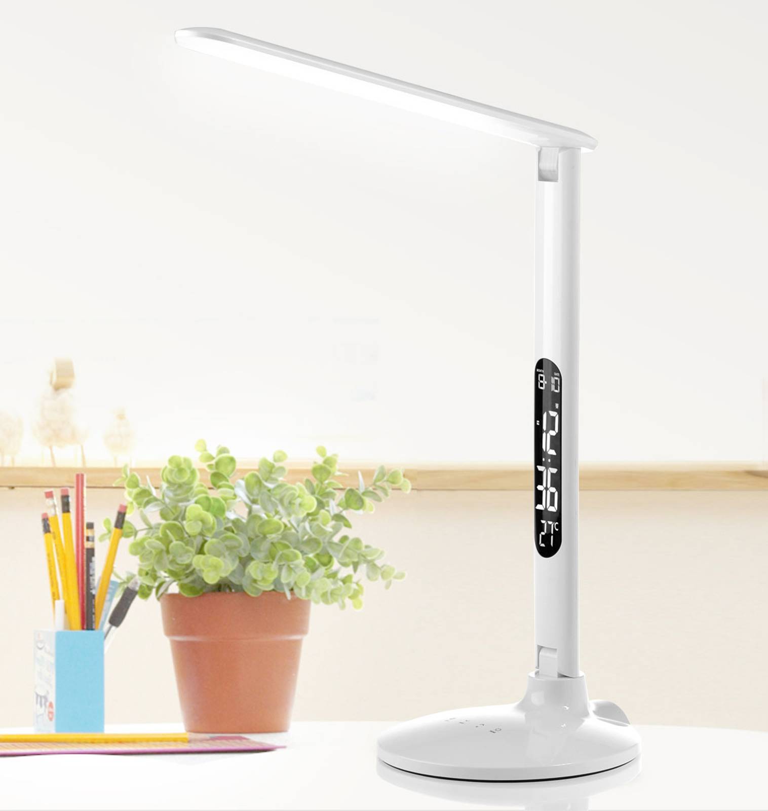 LED-skrivbordslampa Success med klocka, vit