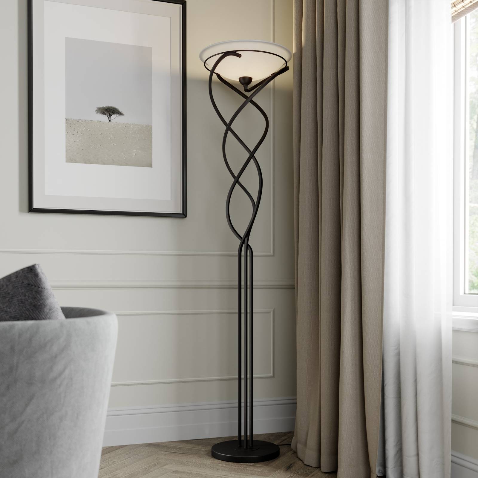 Lindby Lilou uplight-golvlampa, glasskål antikbrun