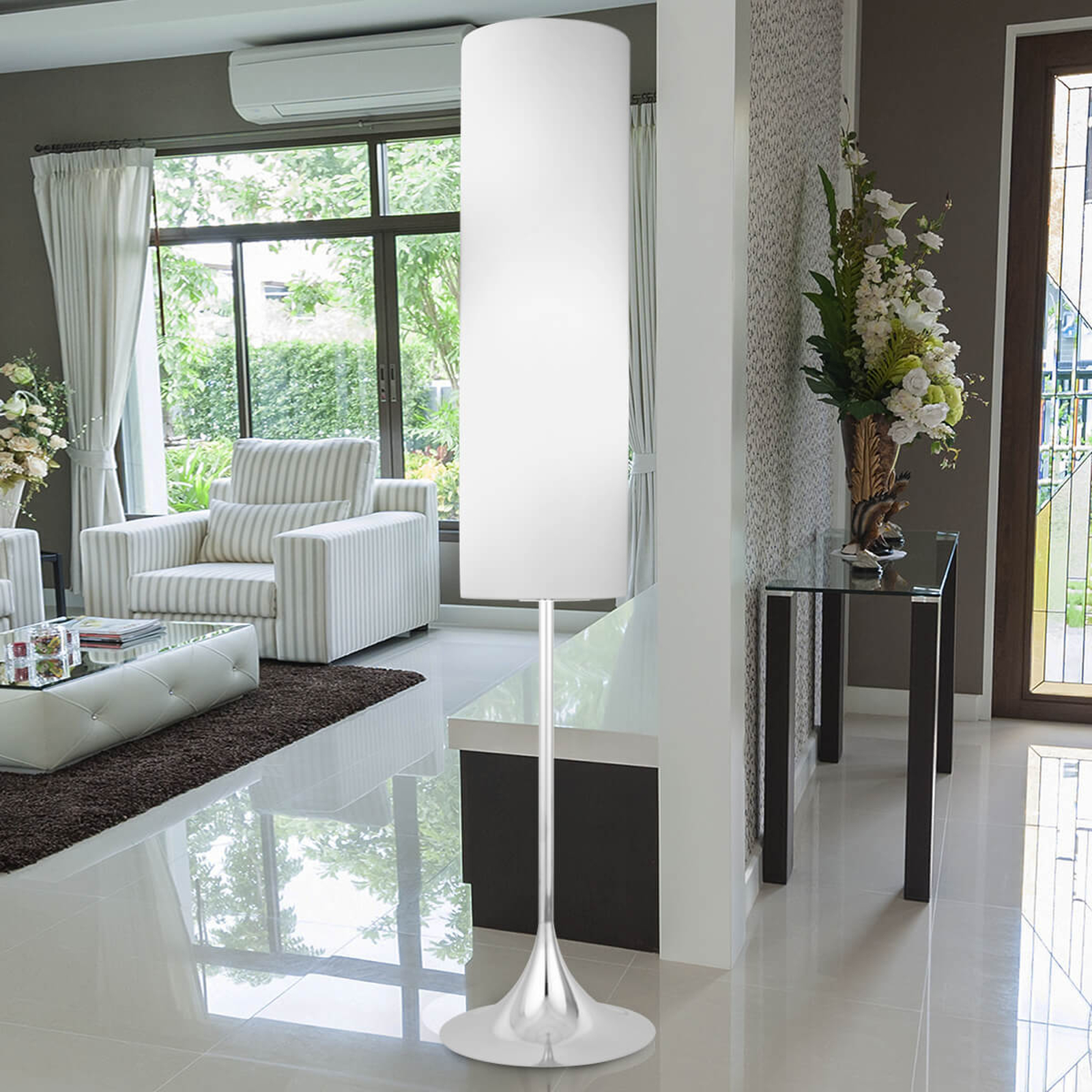 Textil-golvlampa Flute vit krom