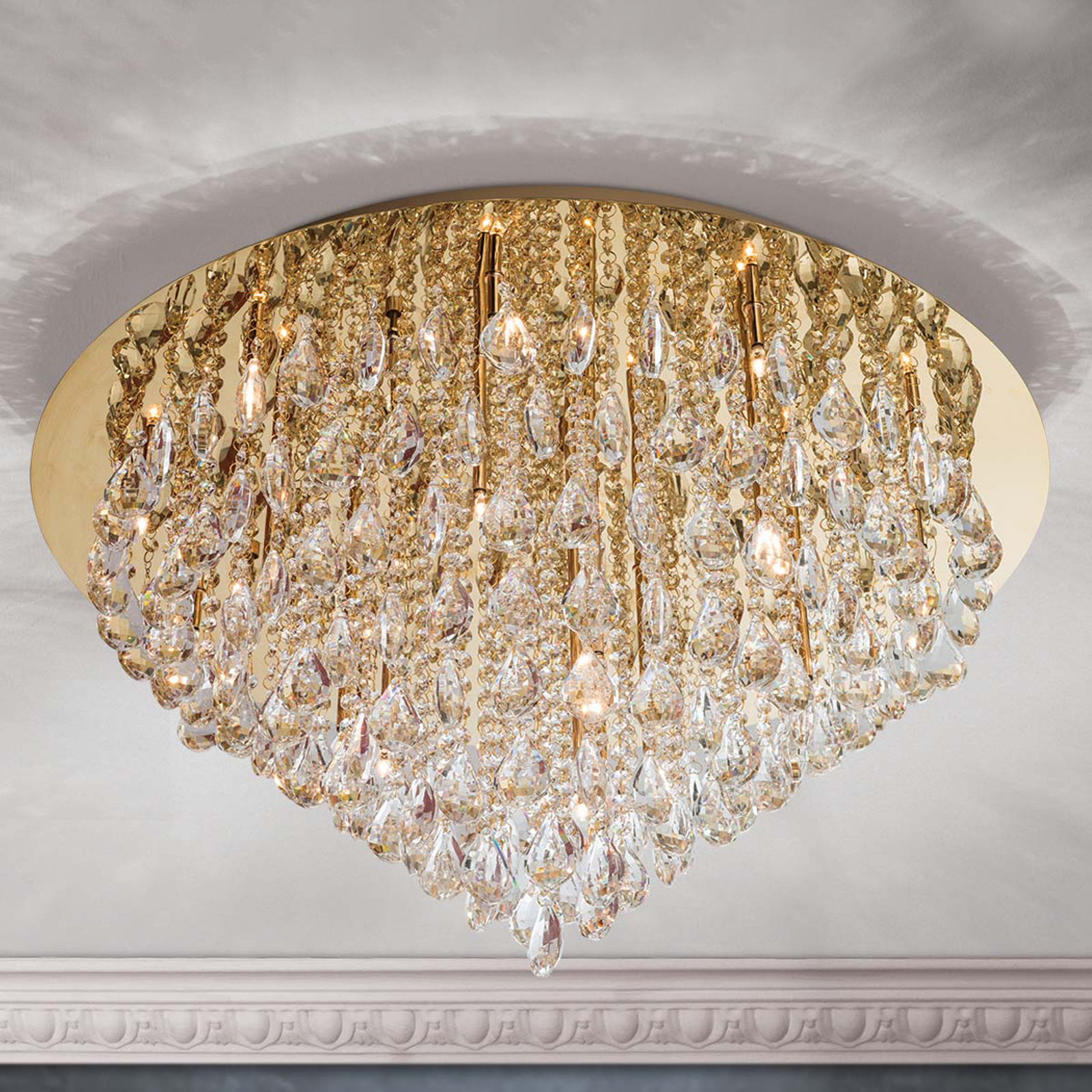 Kristall-taklampa Helene i guld, 75 cm