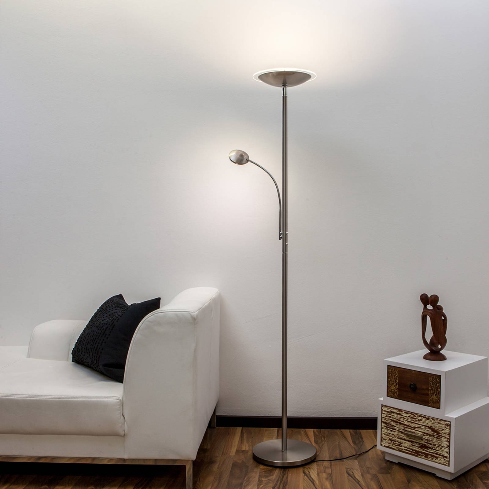Malea LED-uplight-golvlampa med läsarm, nickel