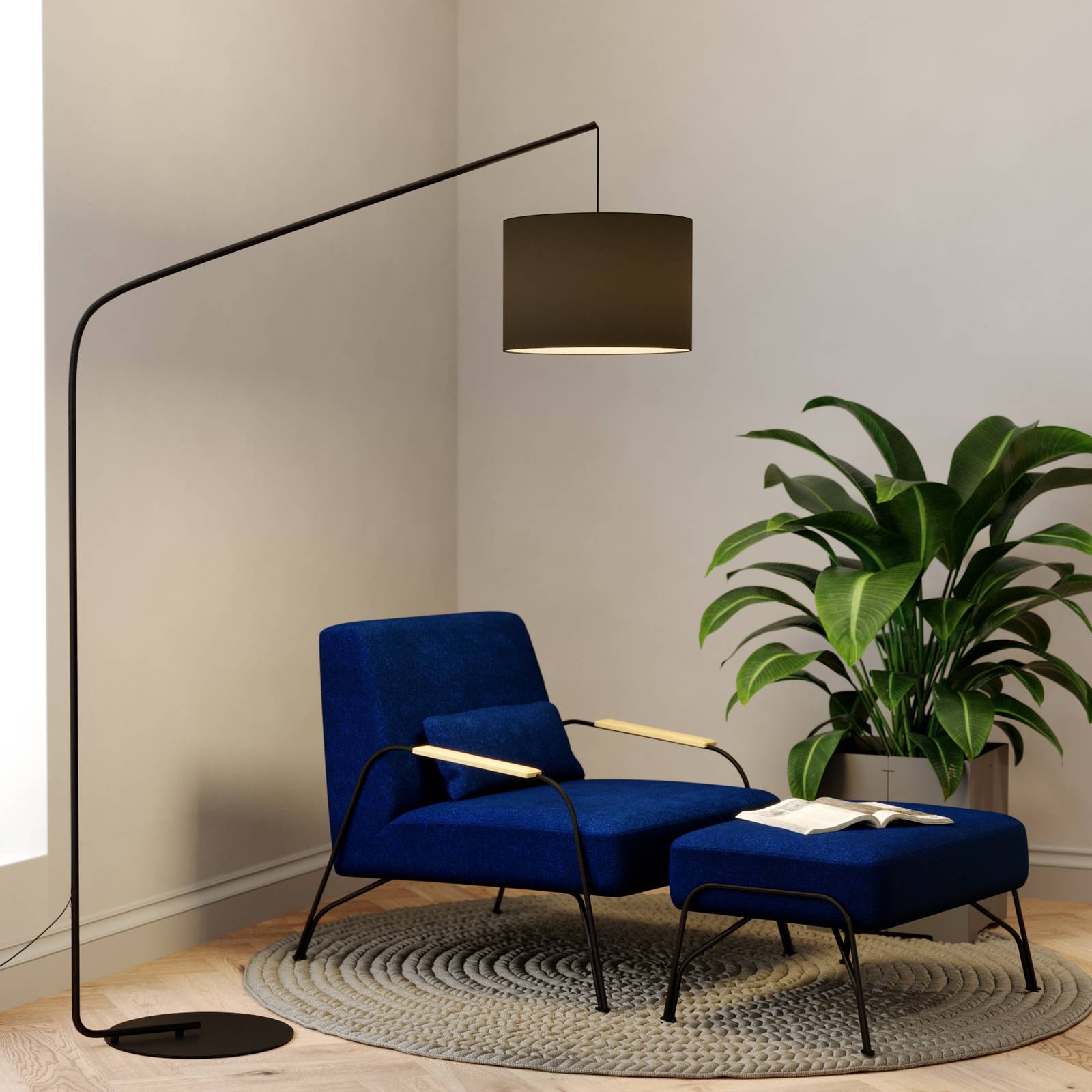 Svart båggolvlampa Viskan med tygskärm