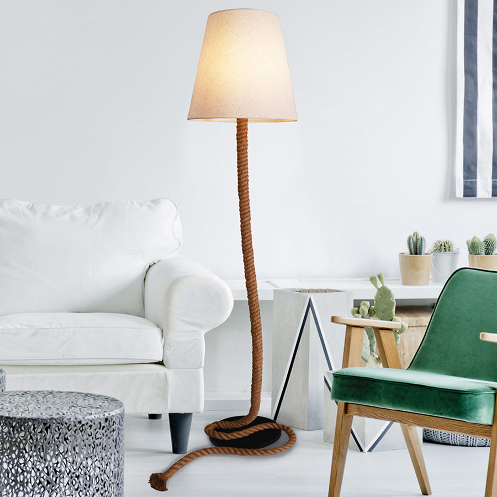 Textilgolvlampa Rope med naturrep