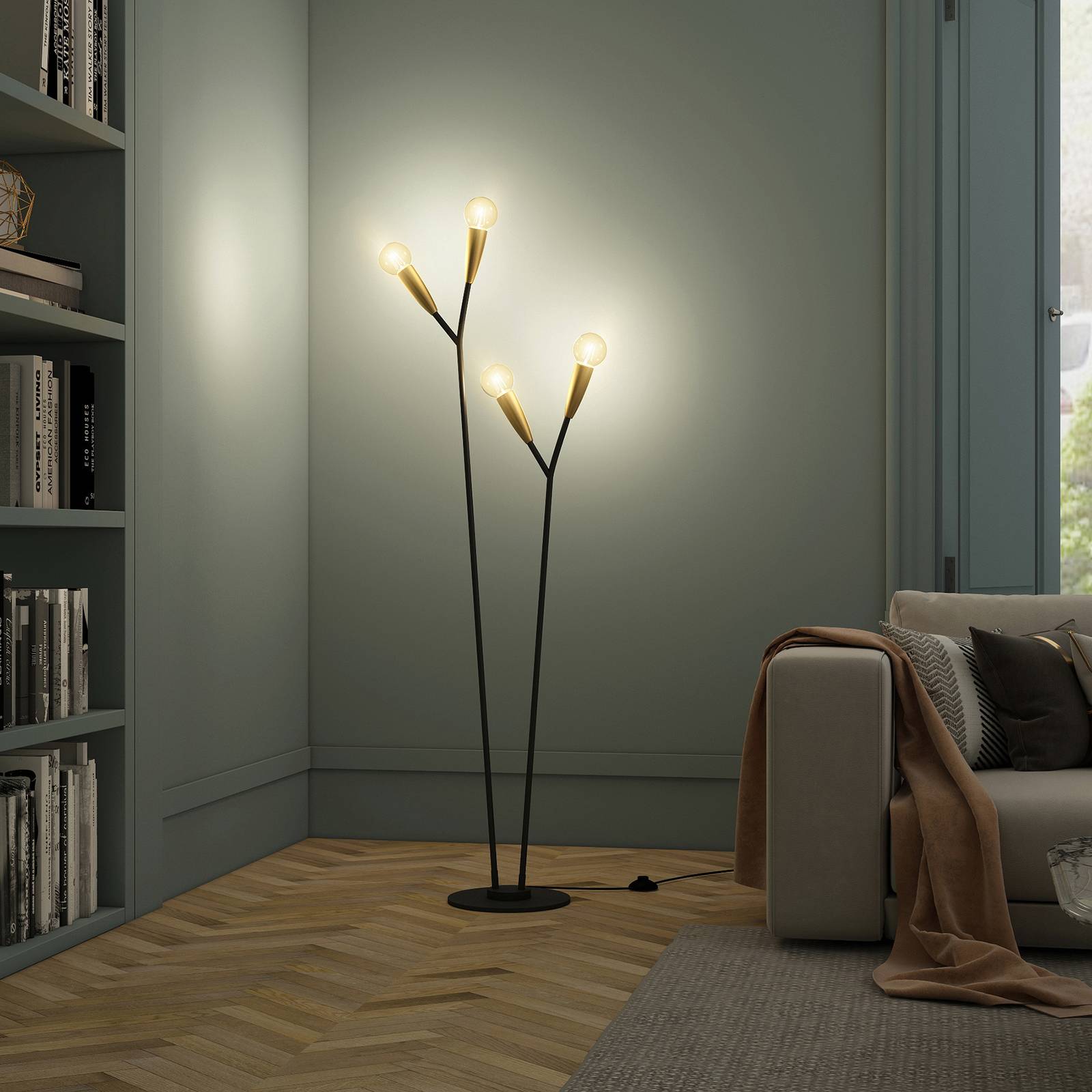 Lucande Carlea golvlampa, 4 lampor, svart-mässing