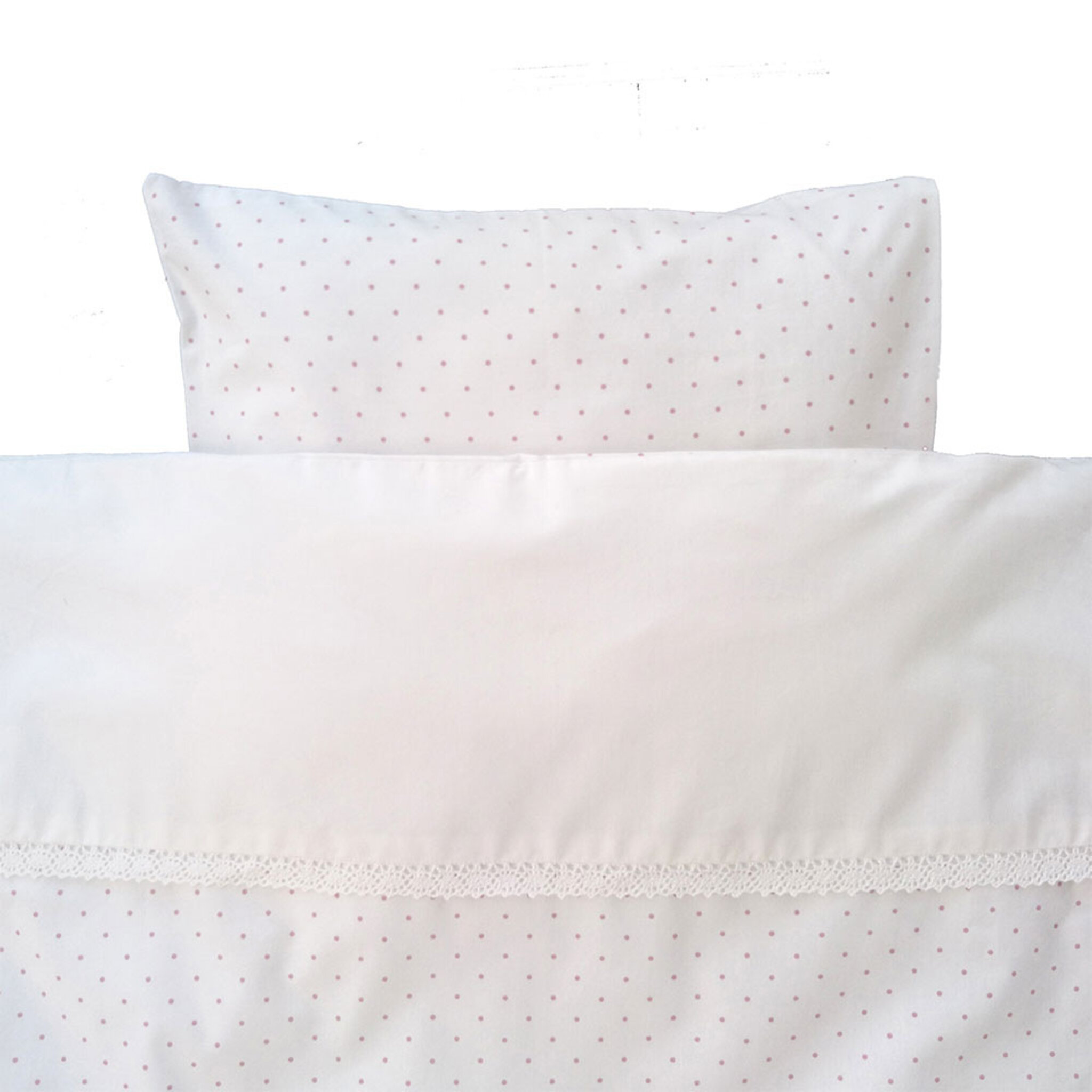 Bäddset spjälsäng vit/rosa dotty GOTS, 100x130 cm, 38x55 cm