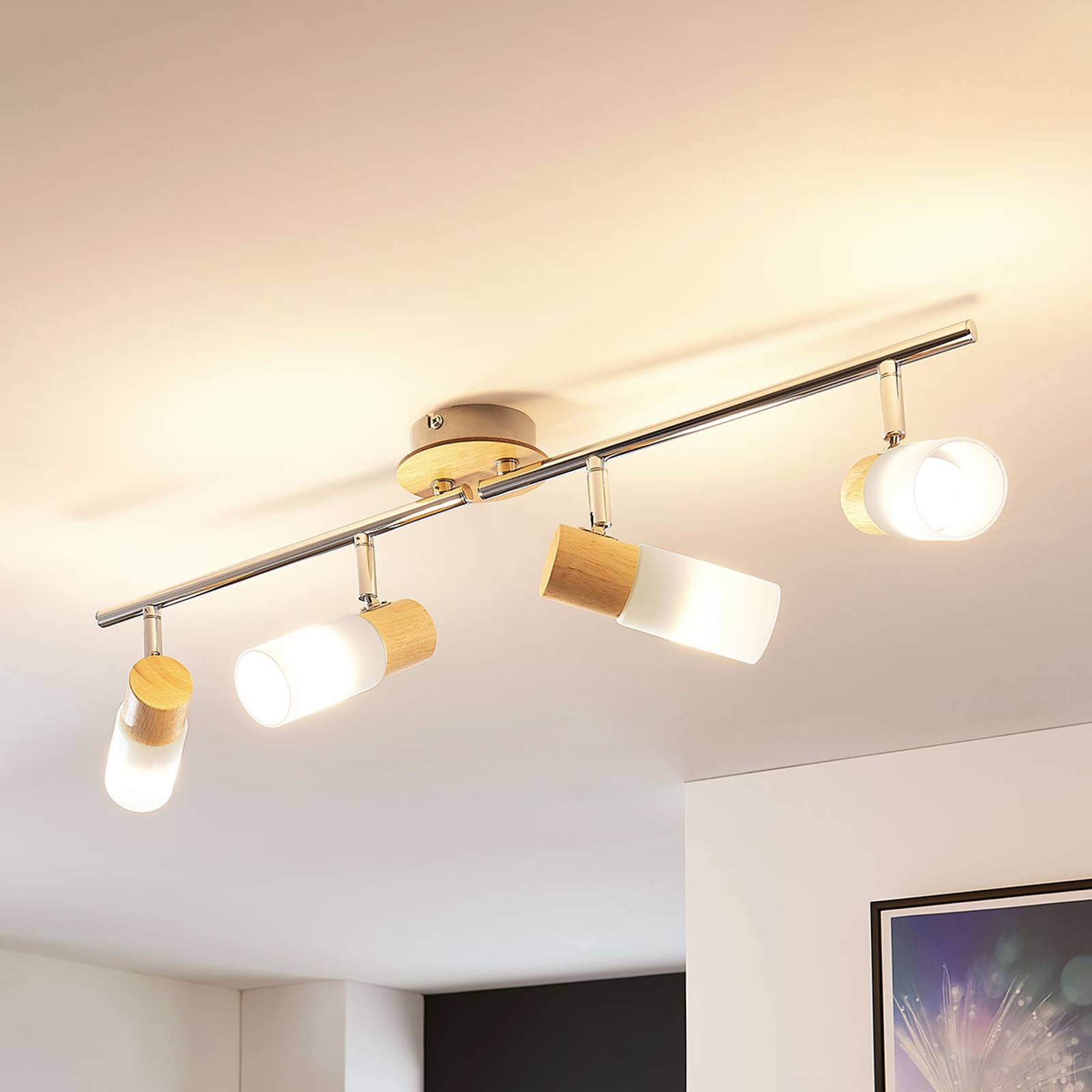 LED-taklampa Christoph med trä och 4 ljuskällor
