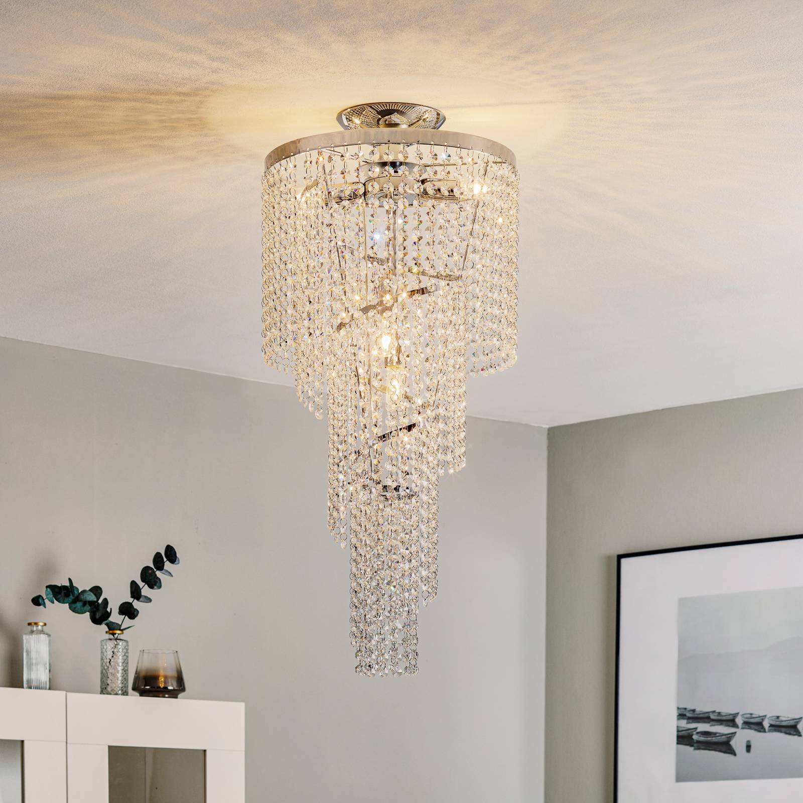Taklampa Elica med kristallspiral, Ø 35 cm