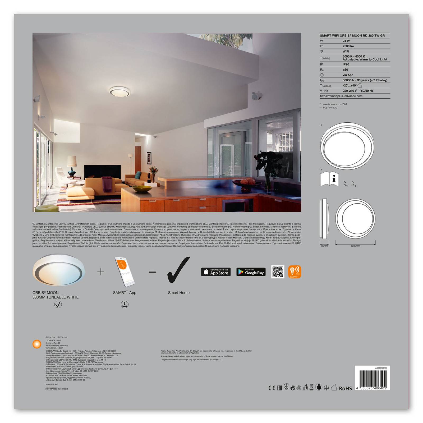 LEDVANCE SMART+ WiFi Orbis Moon CCT 38 cm grå