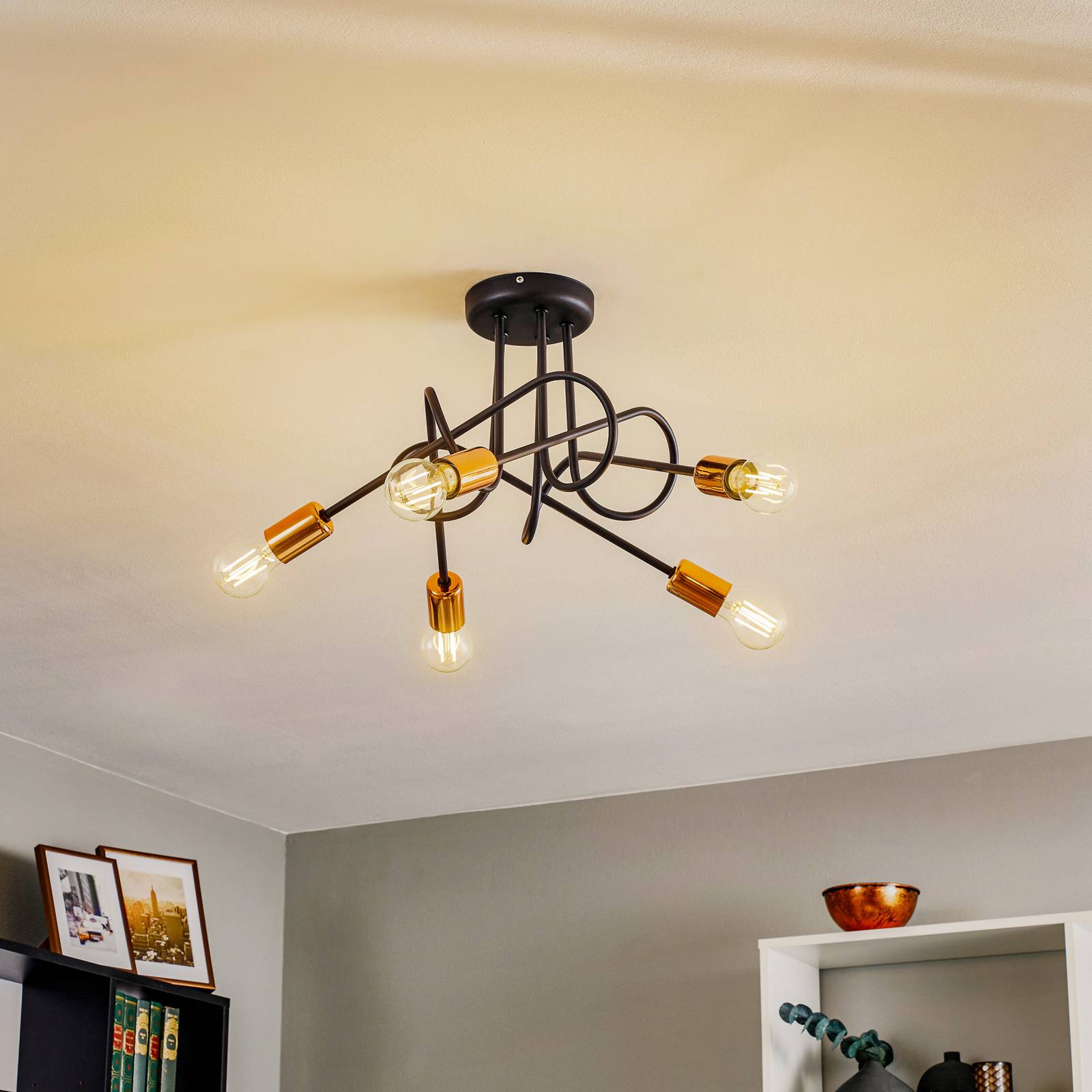 Taklampa Oxford 5 lampor svart/koppar