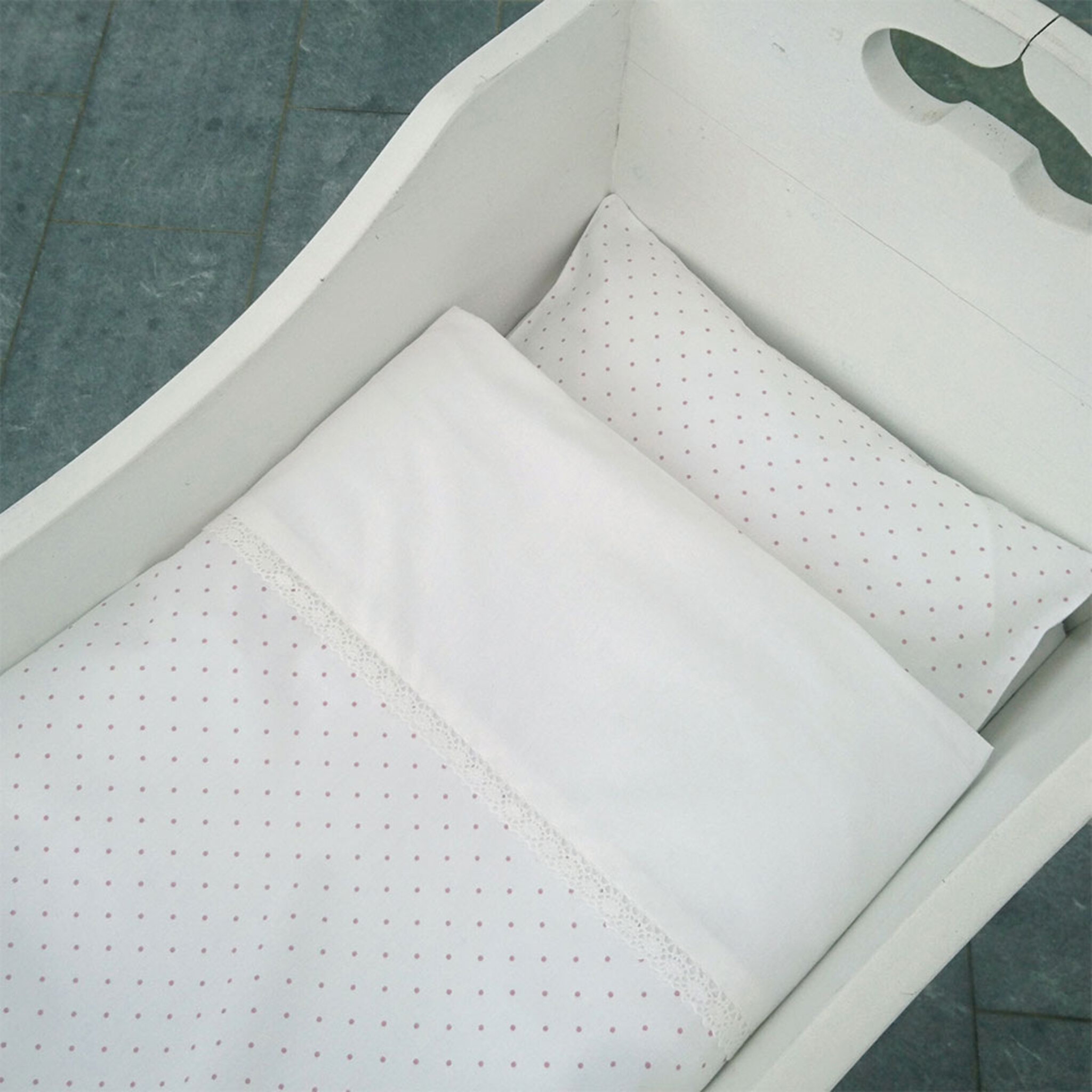Bäddset vagga vit/rosa dotty GOTS, 80x70 cm, 28x35 cm