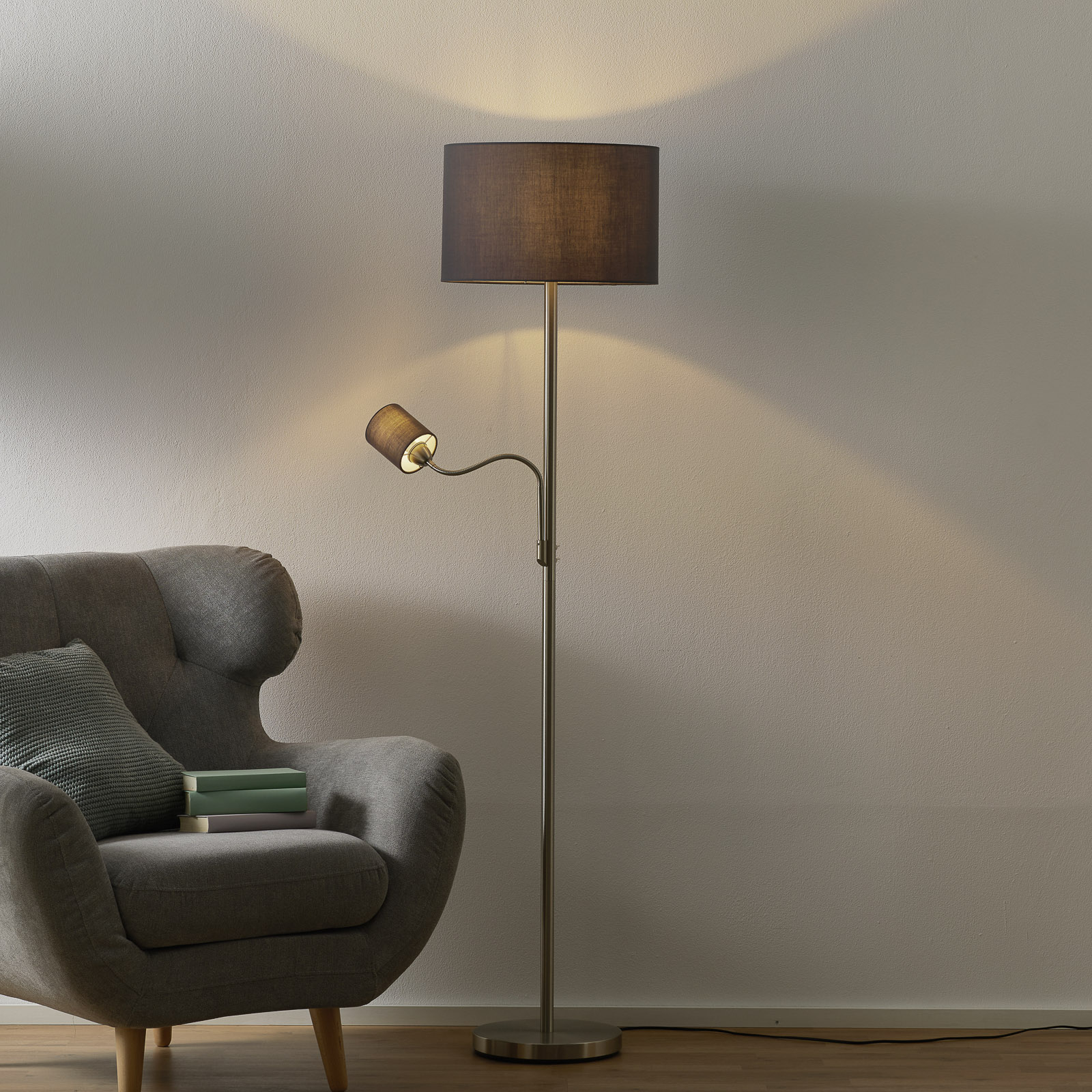 Golvlampa Hotel med läslampa, grå skärm