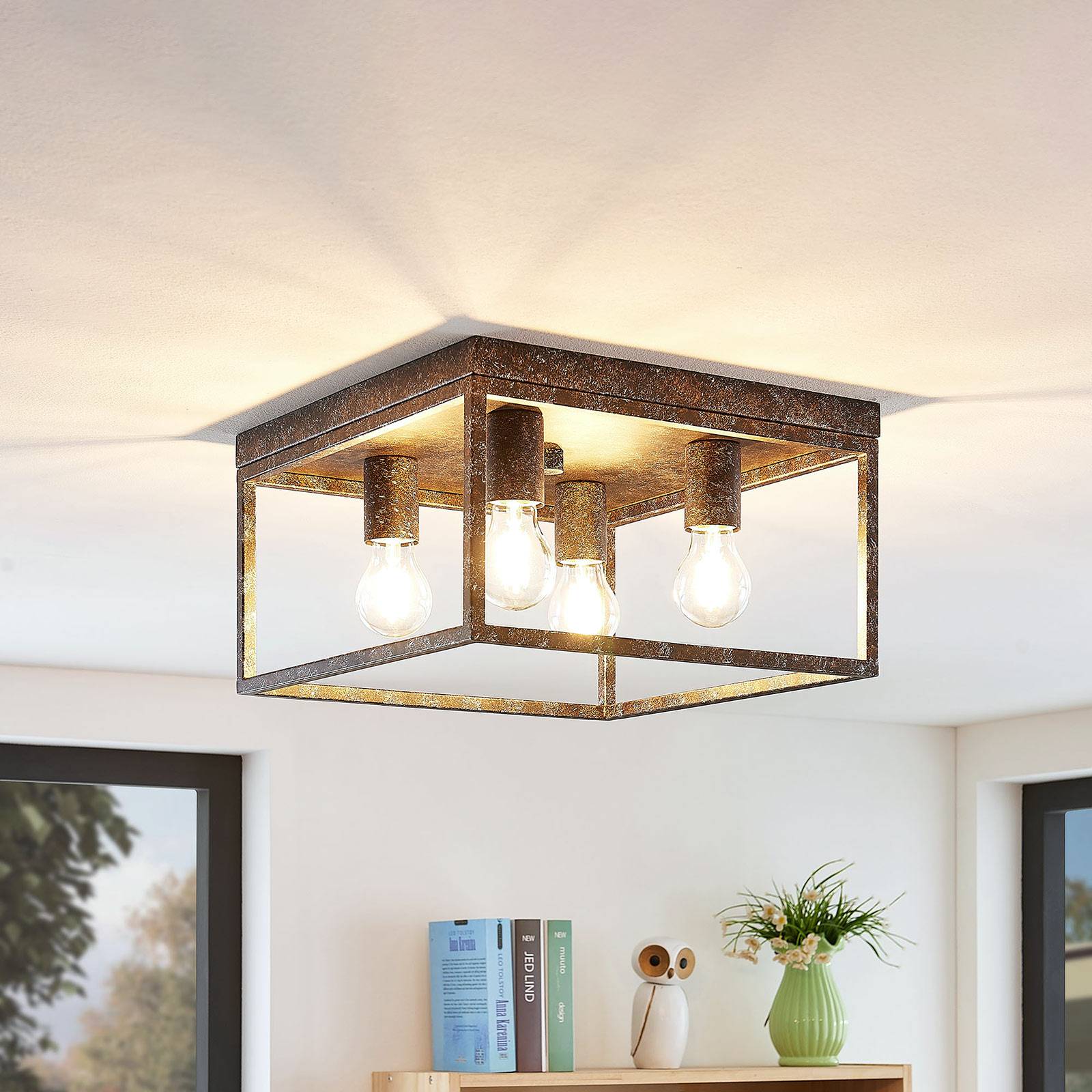 Lindby Lejus taklampa, 4 lampor, rost