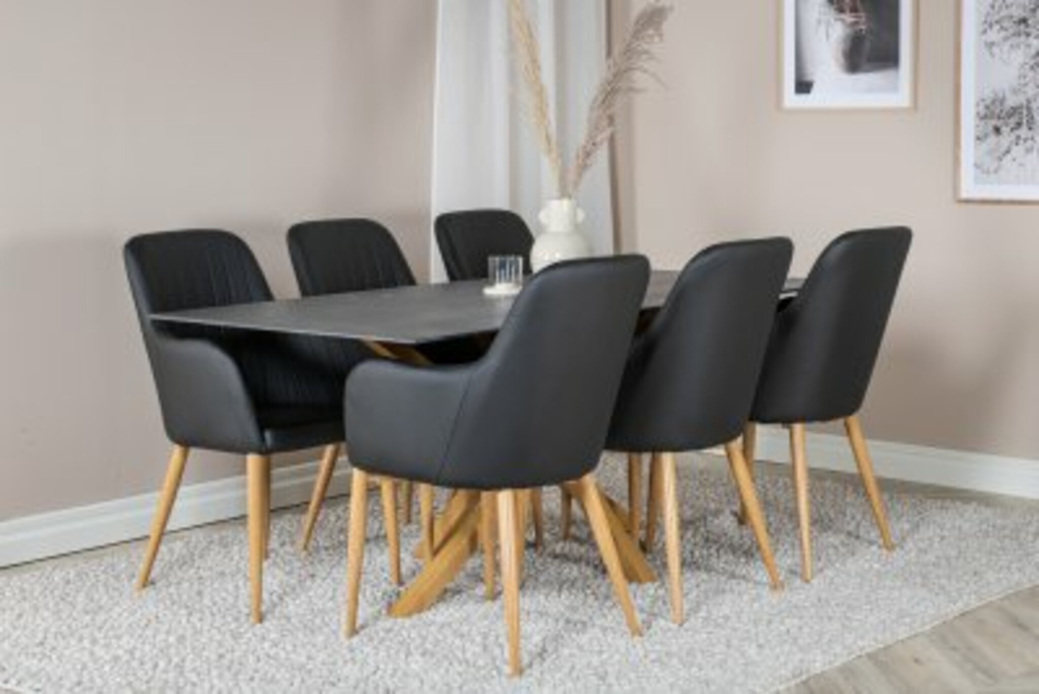 Matgrupp, matbord Piazza 180x90cm, 6 st glas/sten-look/ek-look + Matstol Comfort, svart/ek-look