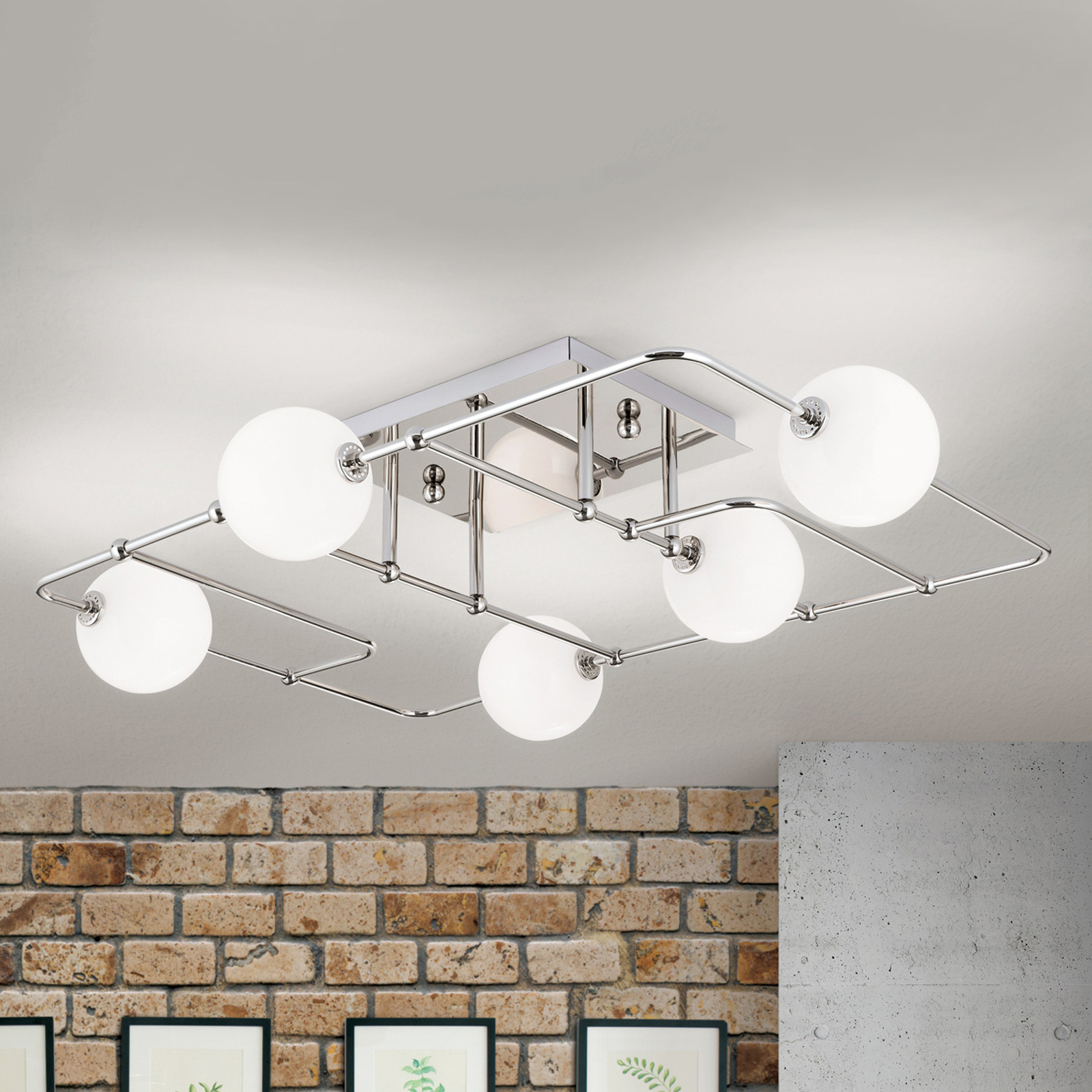 LED-taklampa Pipes med 5 glaskulor, nickel