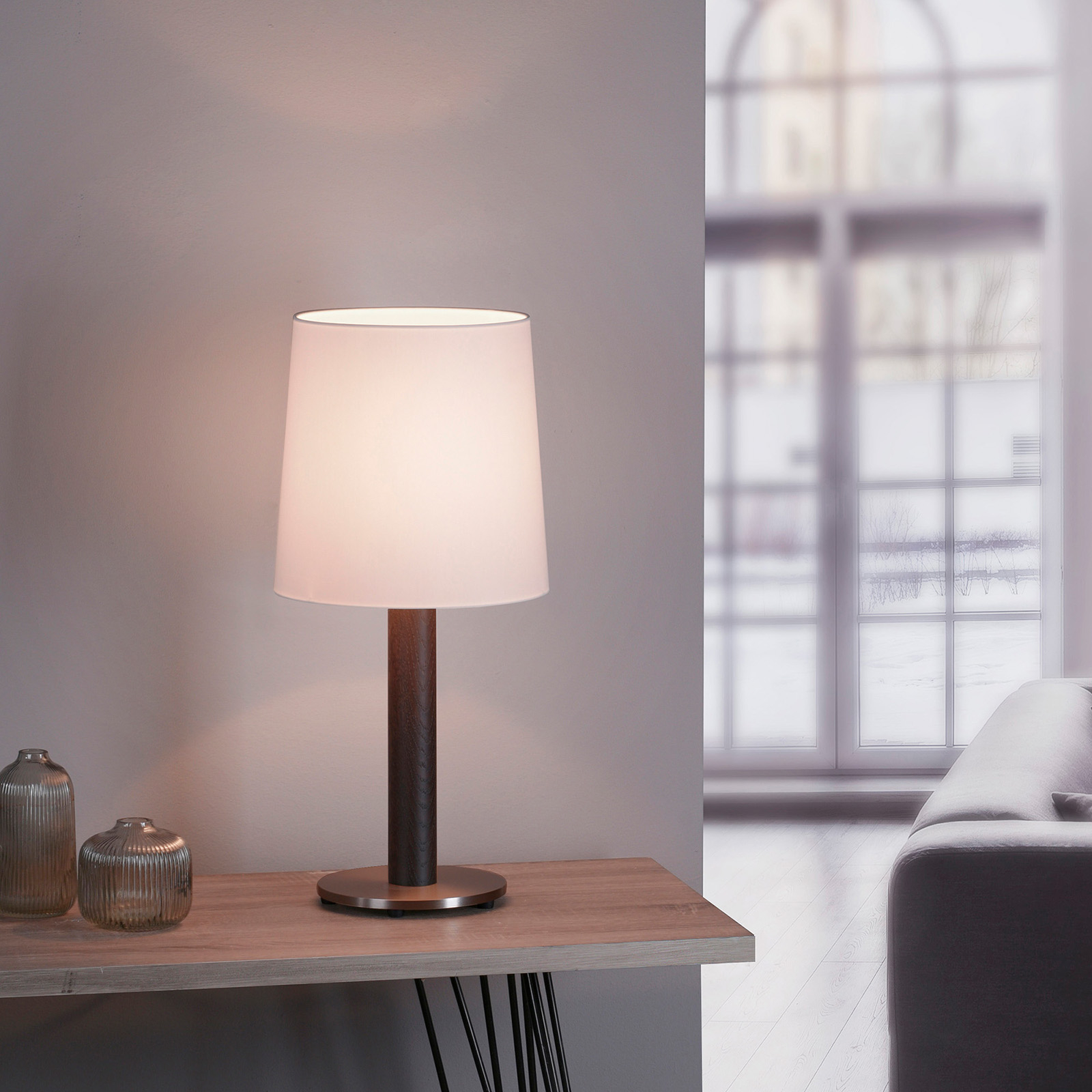 Lucande Elif-bordslampa, vit cylinder ek mörk