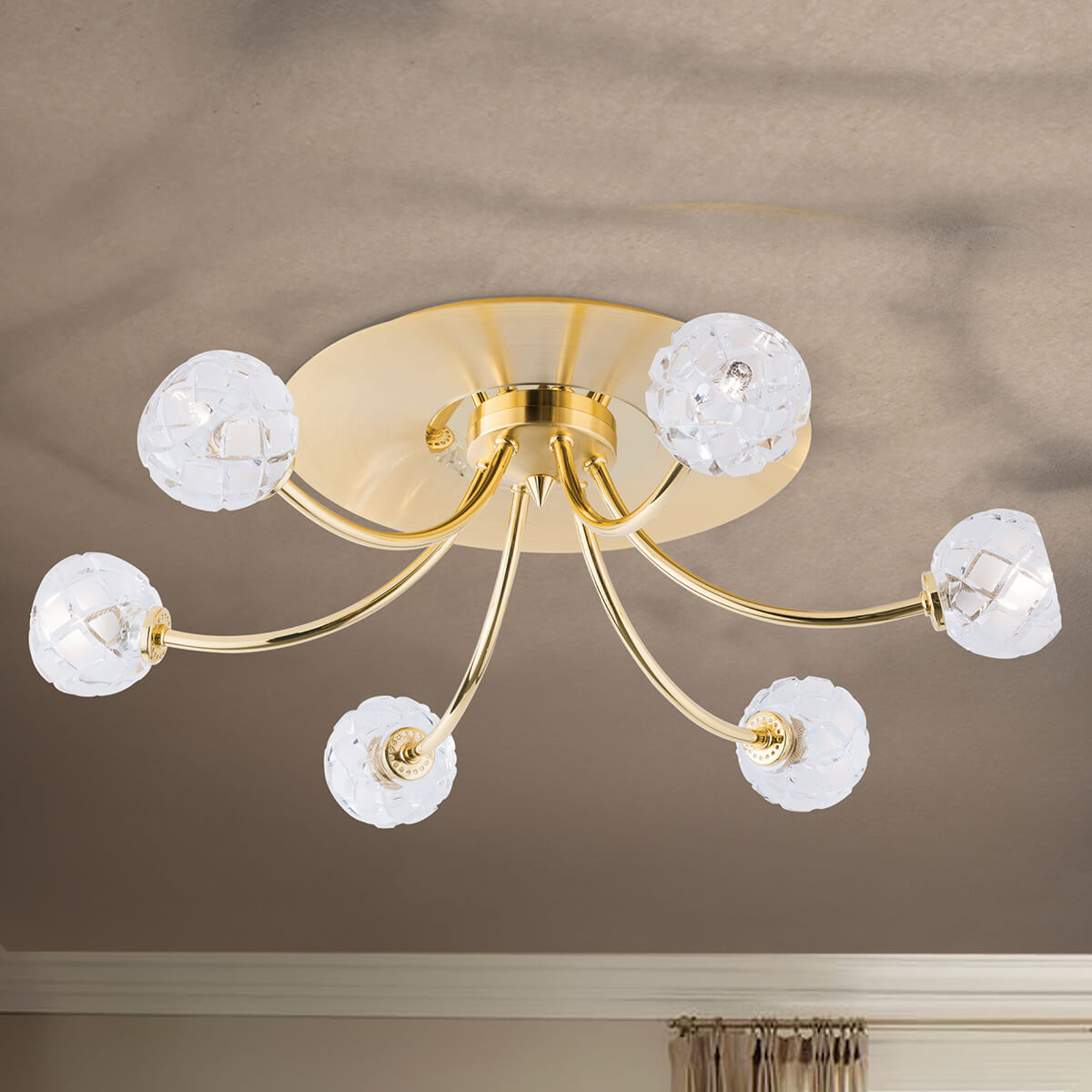 Blykristalltaklampa Maderno, guld, 57 cm