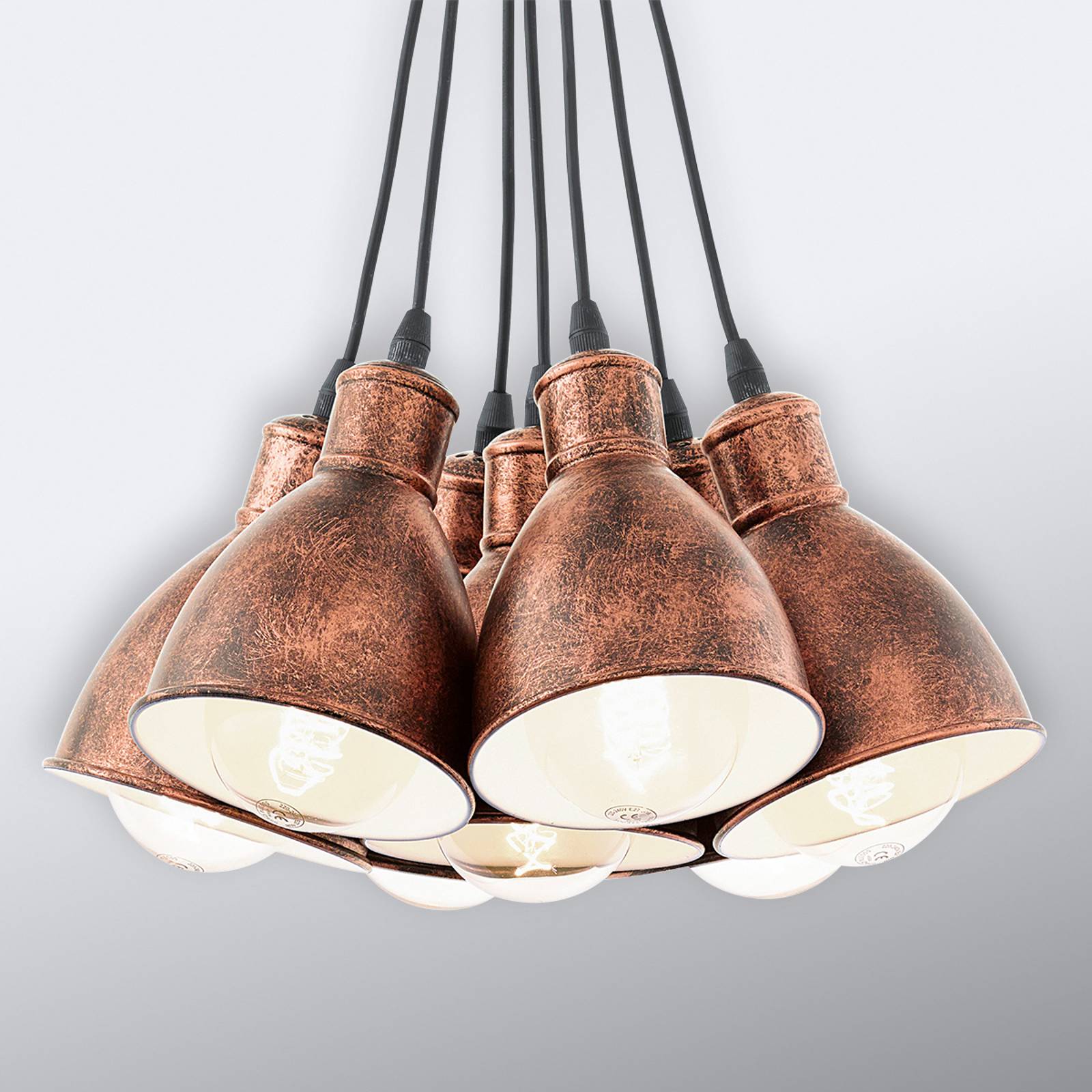Priddy 1 vintagependellampa 7 lampor, koppar antik