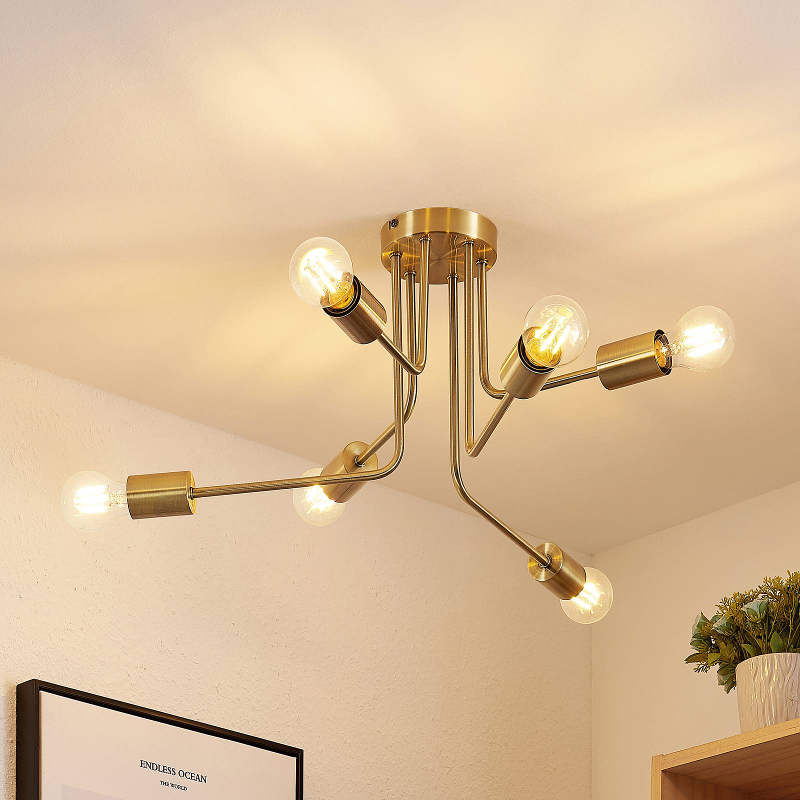 Lindby Cerros taklampa 6 lampor, mässing