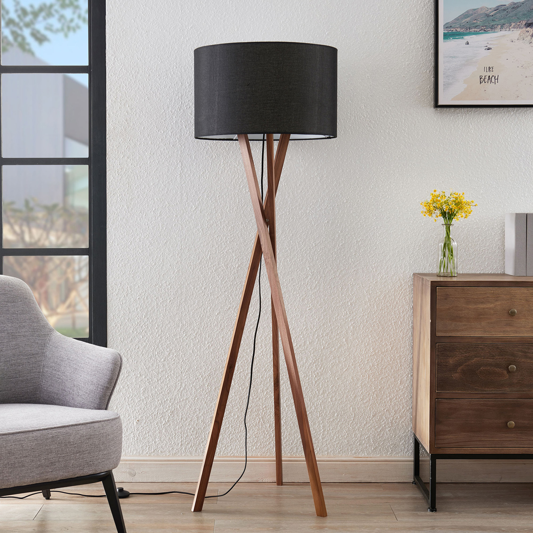 Lucande Auriane tripodgolvlampa, tyg svart