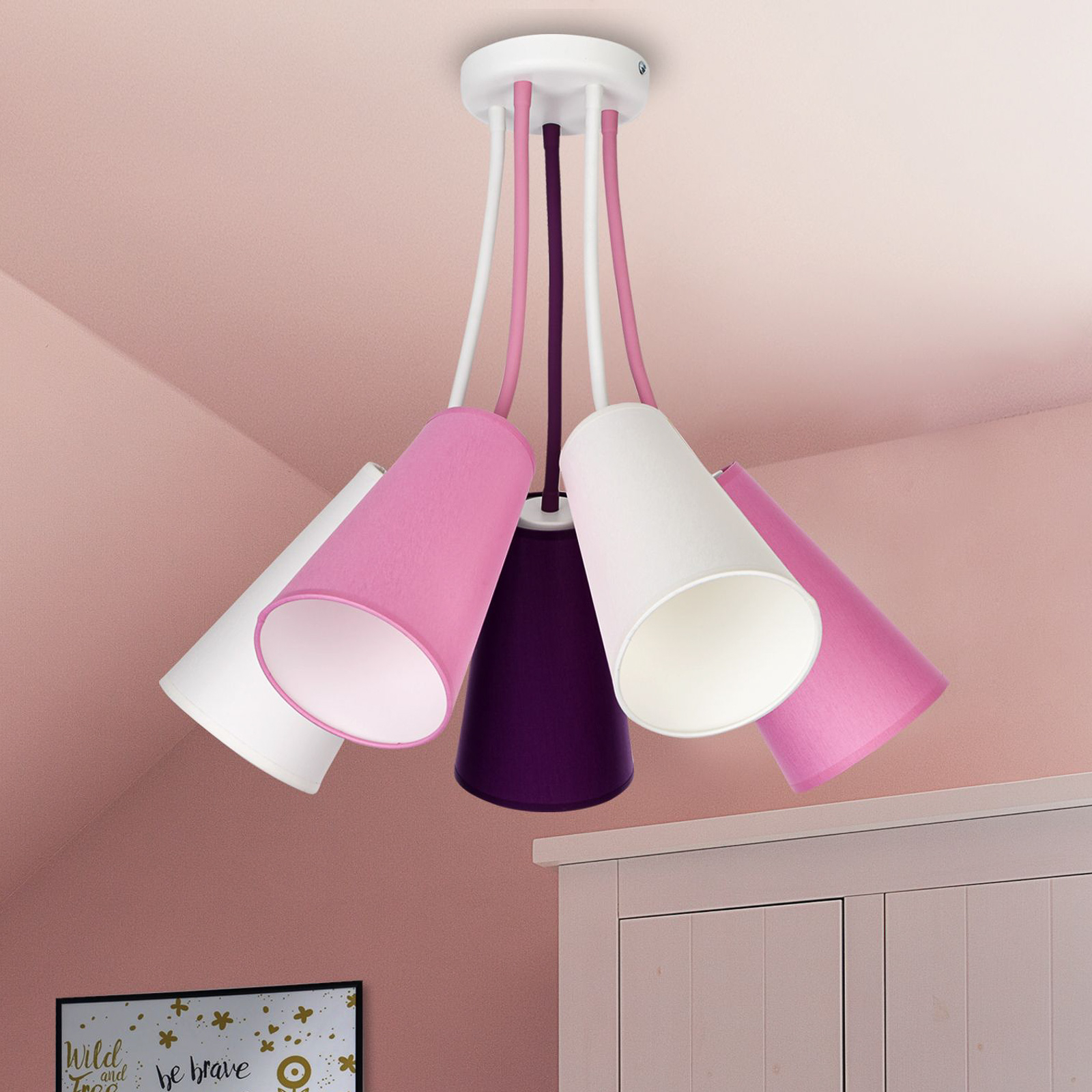 Taklampa Wire Kids 5 lampor, vit/rosa/violett