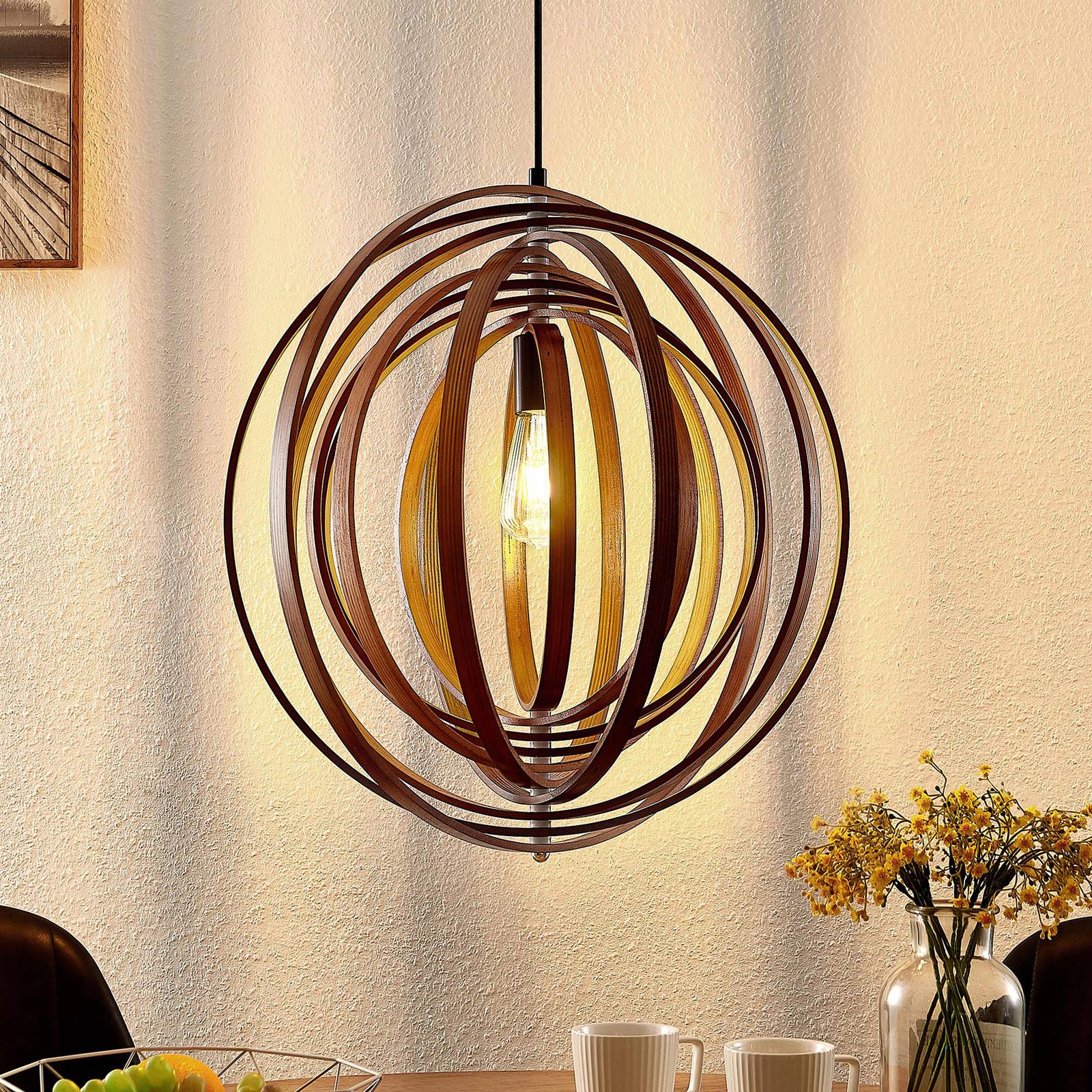 Lindby Tiagon pendellampa, plywoodringar, brun