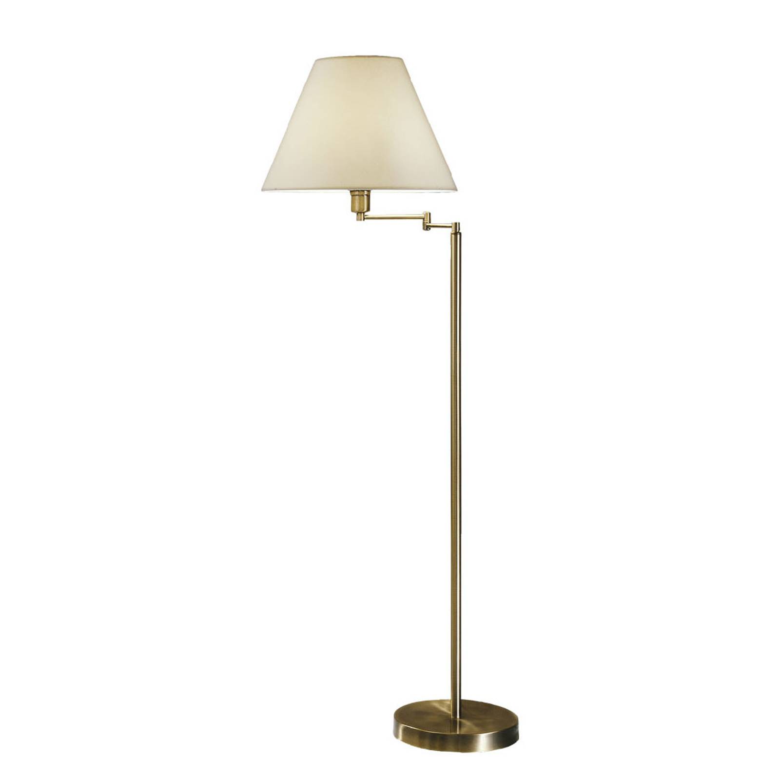 Golvlampa Hilton, vit textilskärm, antikmässing