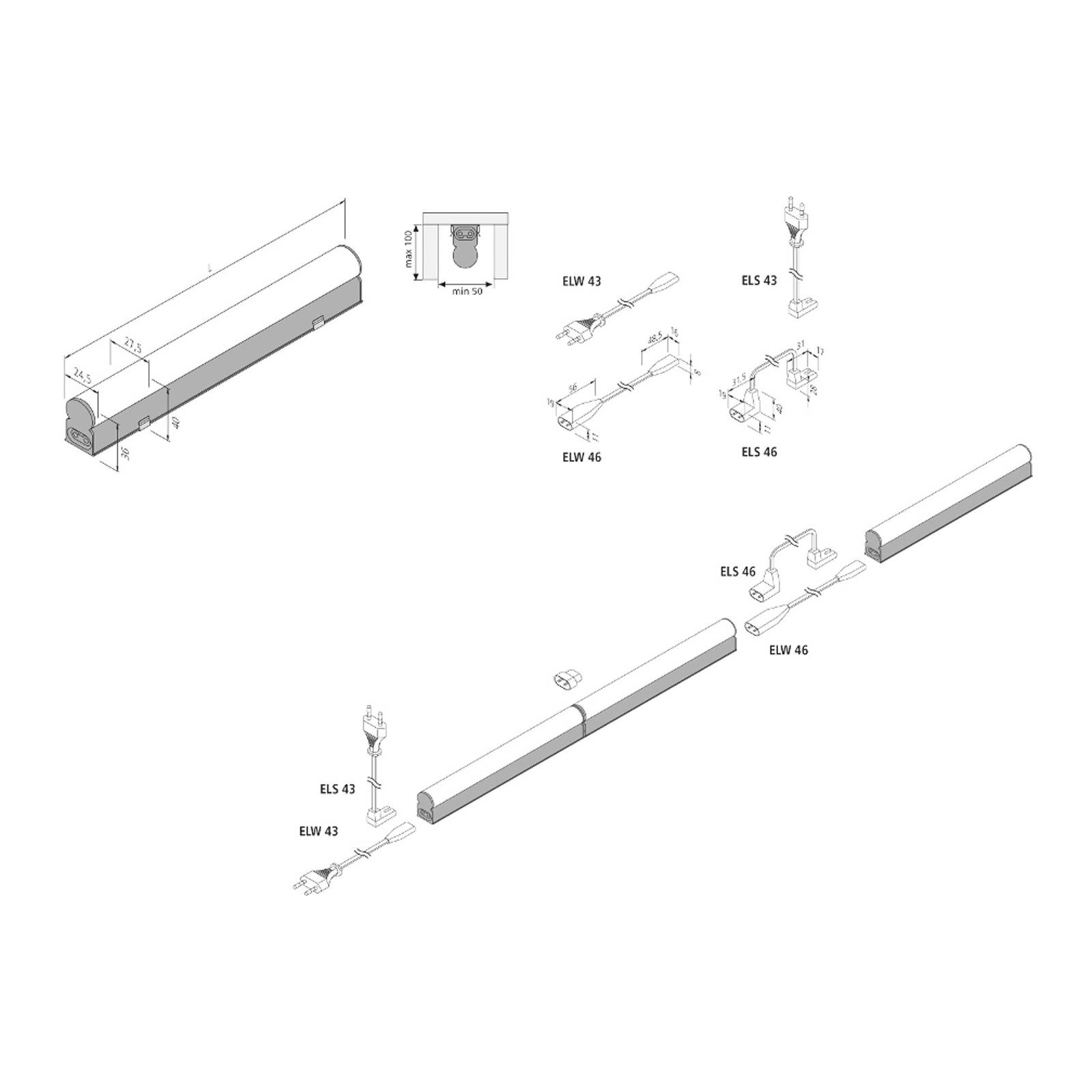LED-ljuslist EcoLite F HO tillbyggnad 4000 K 90cm