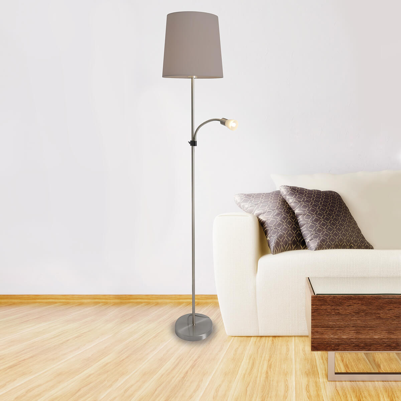 Textilgolvlampa Lara med LED-läslampa