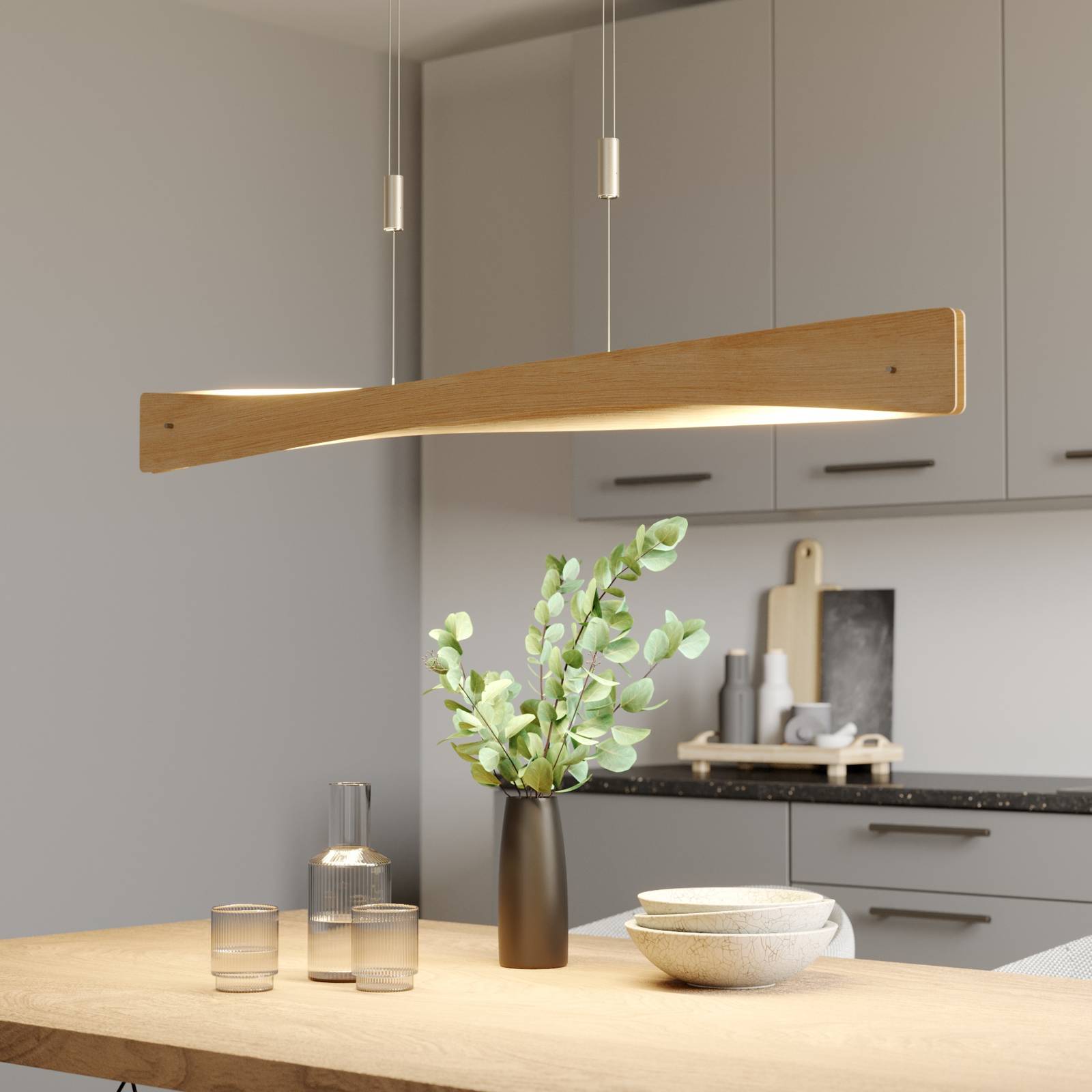 Lucande Lian LED-hänglampa, ekträ