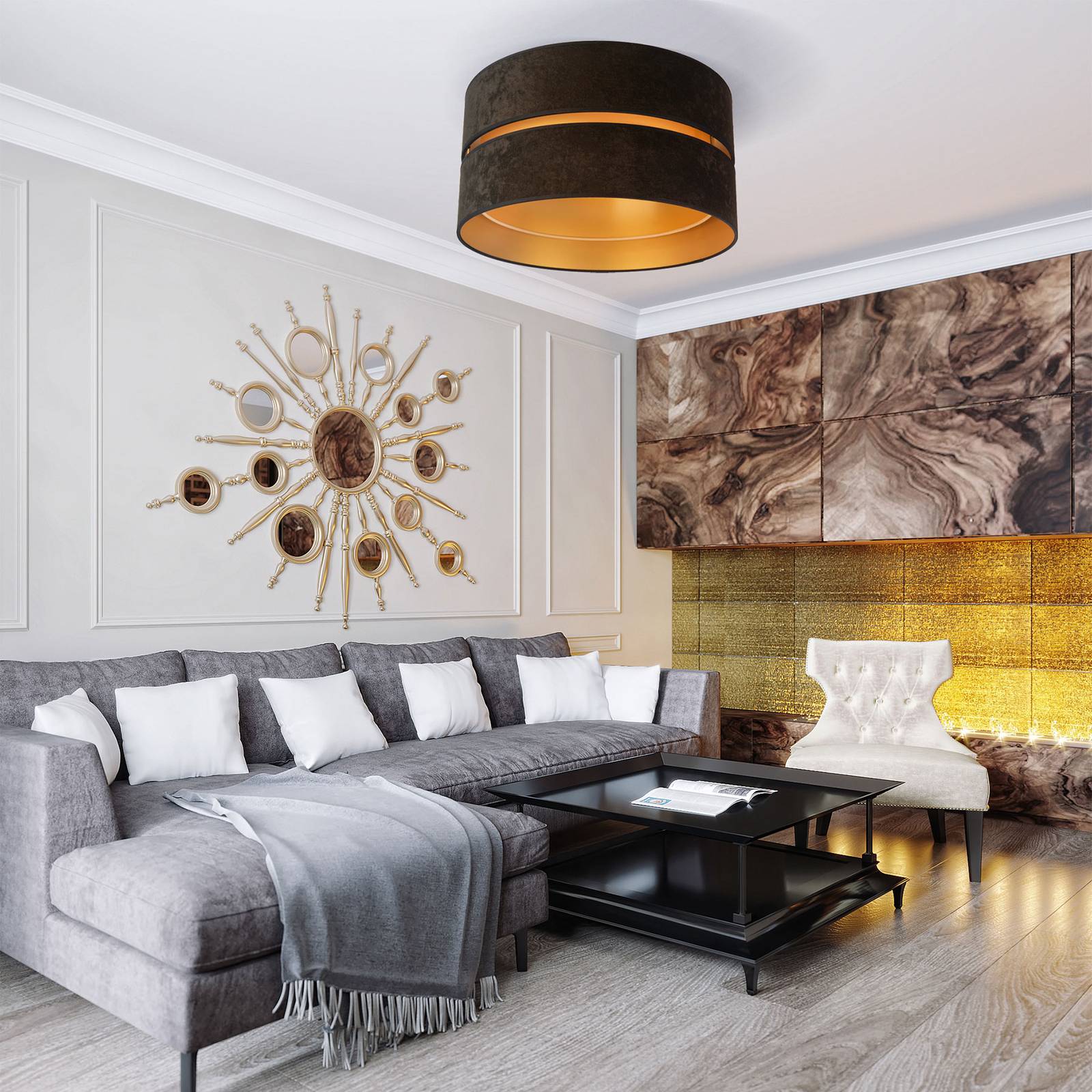 Taklampa Duo av textil, svart/guld