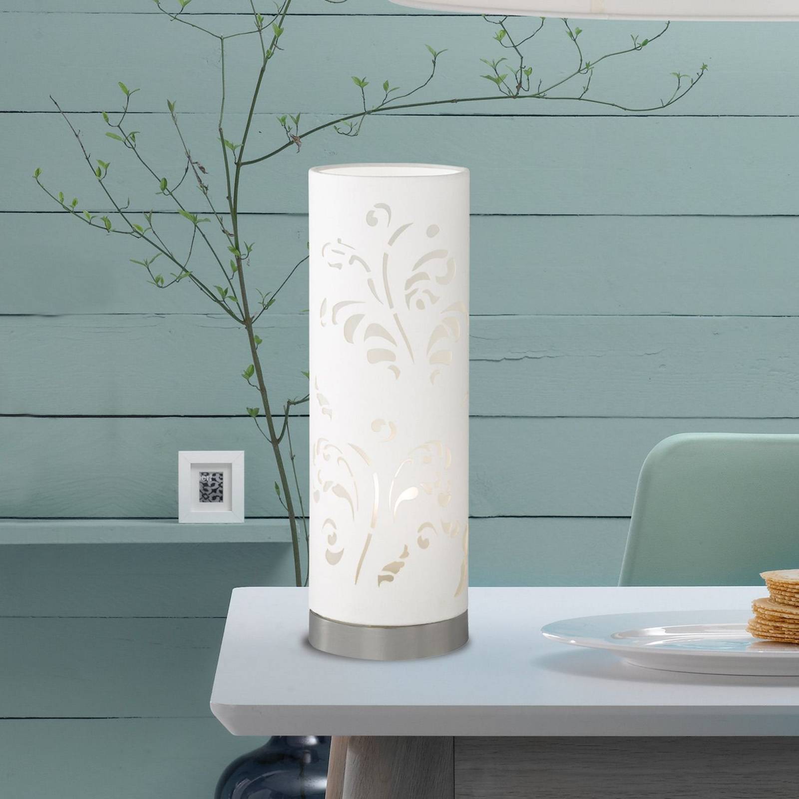 Rörformad bordslampa Flora vit med dekor