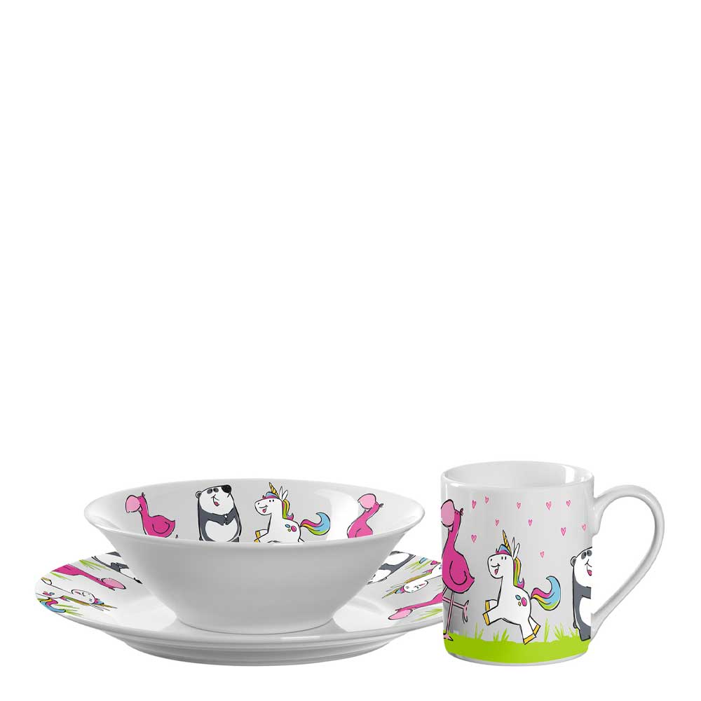 Leonardo - Bambini Set med Mugg, Tallrik och Skål Panda, flamingo och enhörning