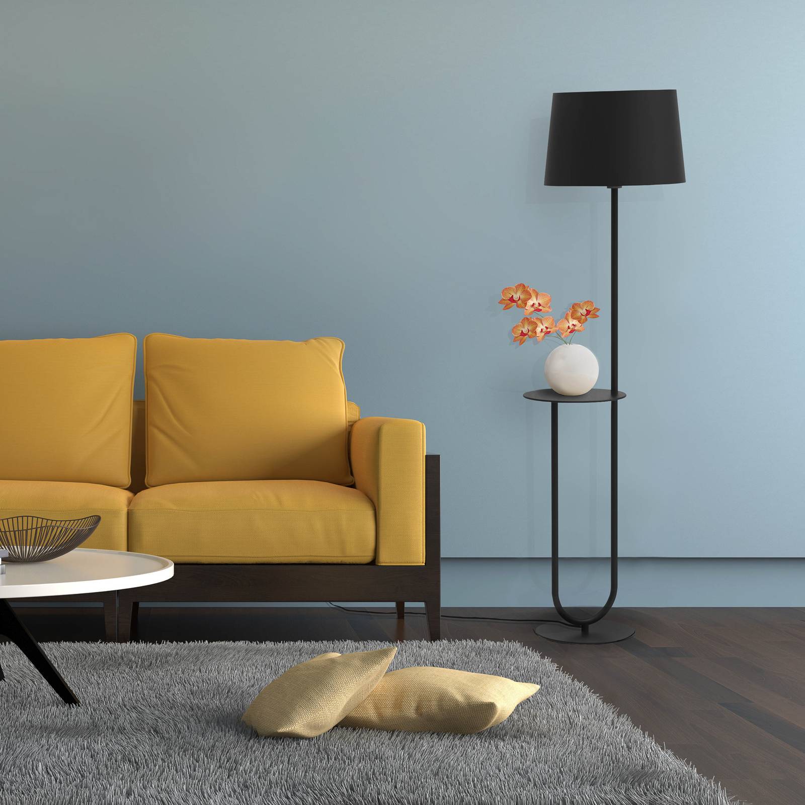 Aluminor Duo golvlampa med hyllbord