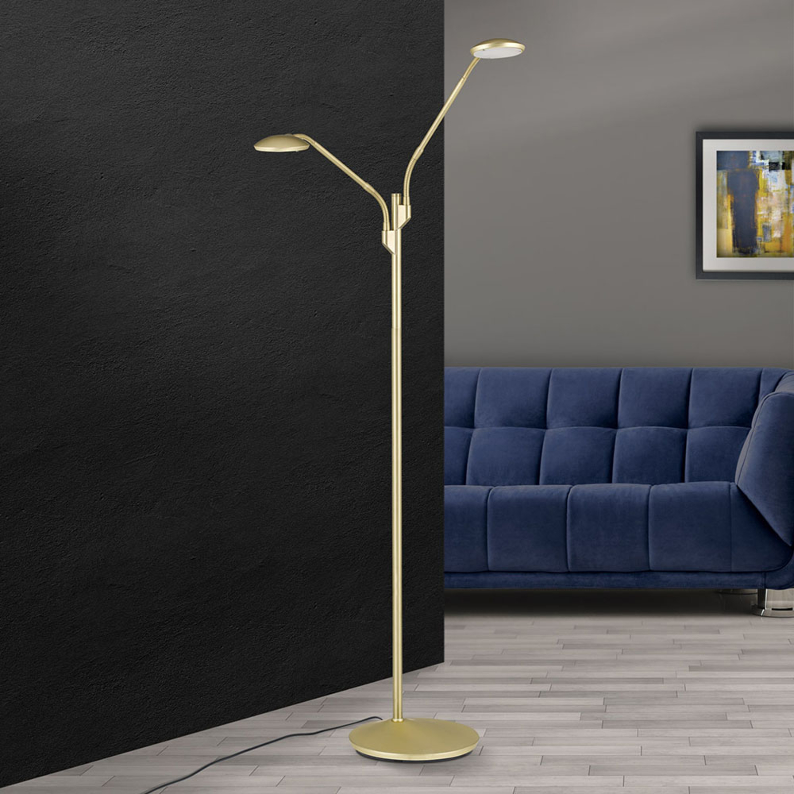 LED-golvlampa Cobra, 2 lampor, mässing matt