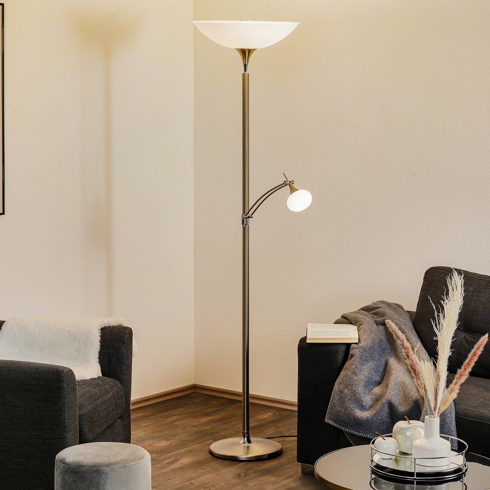 BANKAMP Opera uplight-golvlampa läsarm nickel