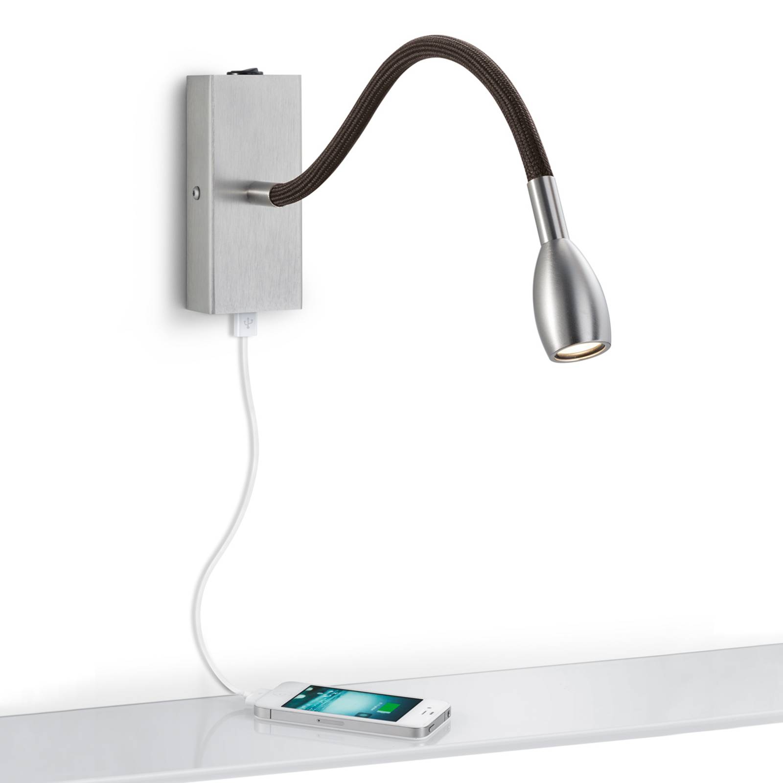 LED-vägglampa Milos nickel med USB-laddning