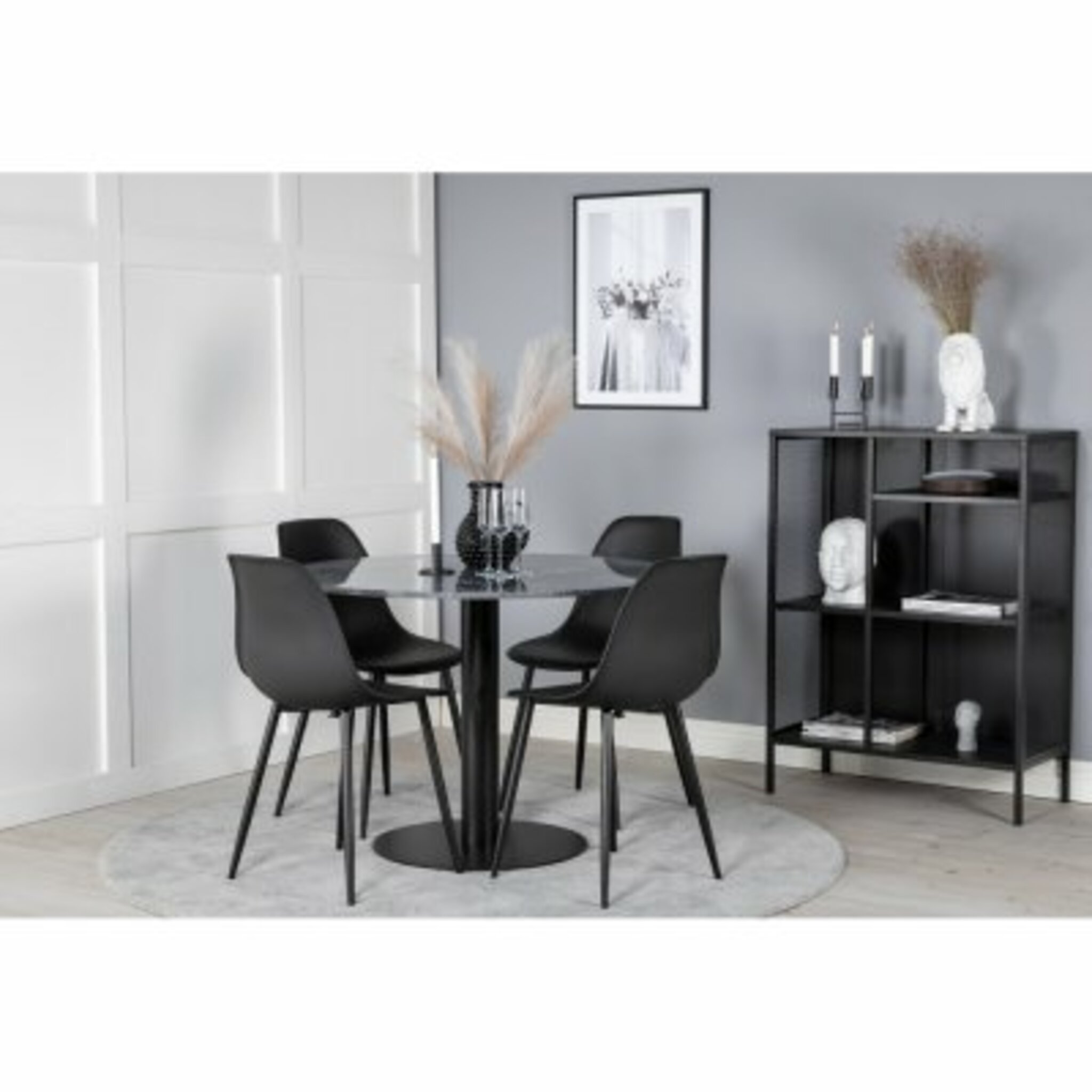 Matgrupp, matbord Estelle Ø106cm, mörk marmor/svart + 4 st matstol Polar, svart