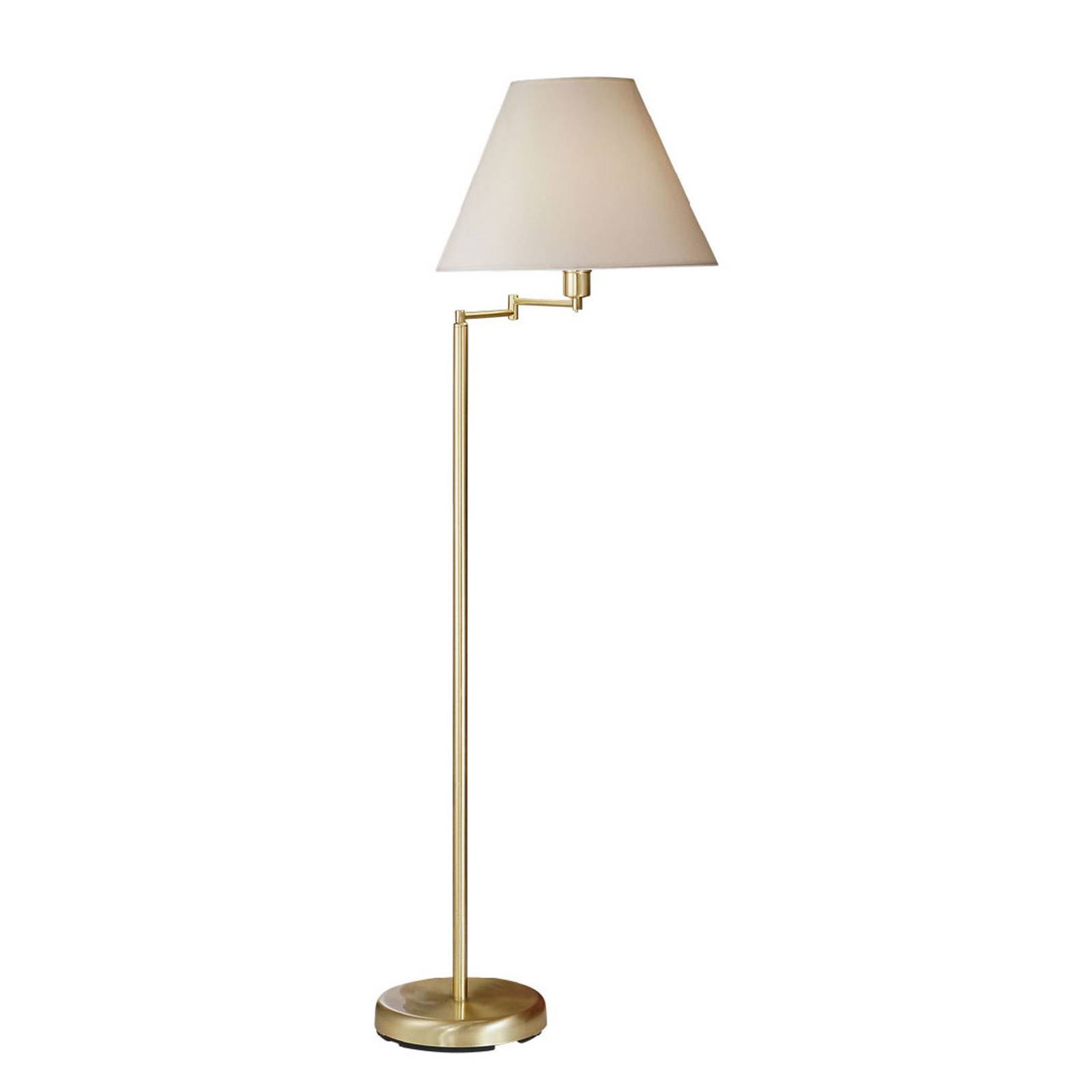 Golvlampa Hilton, vit textilskärm, mässing