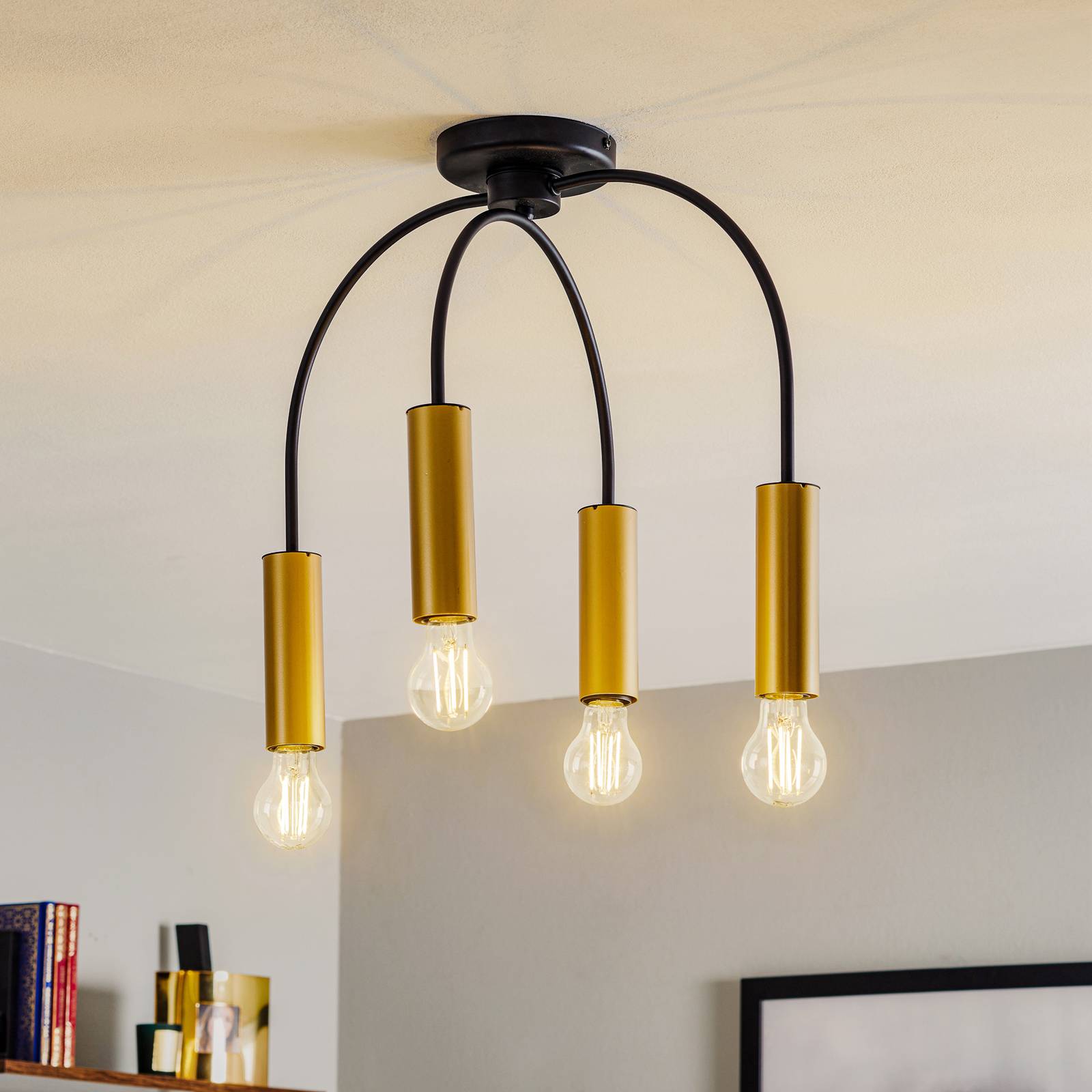 Taklampa Loppe, 4 lampor, svart/guld
