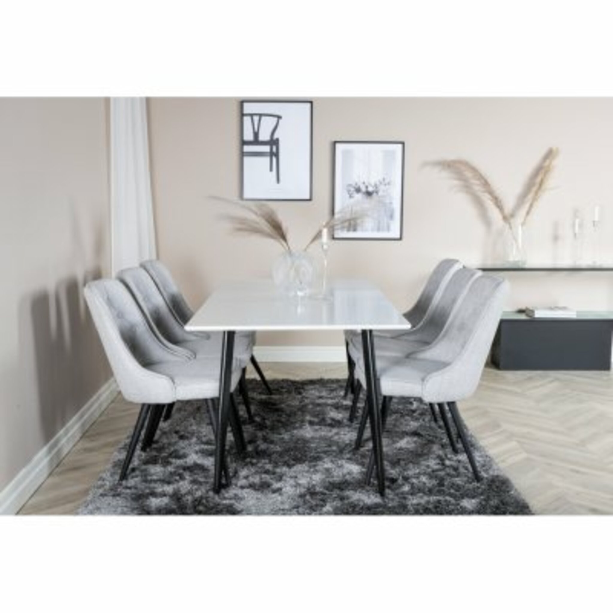 Matgrupp, matbord Polar 180x90cm, vit/svart + 6 st matstol Velvet Deluxe, ljusgrå/svart