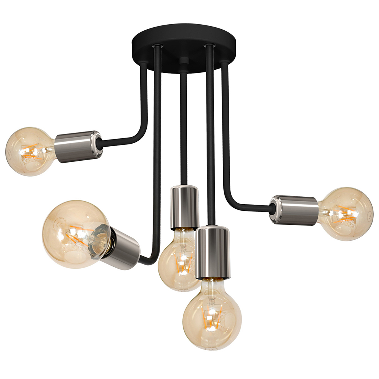Taklampa Candela, svart/krom, 5 lampor