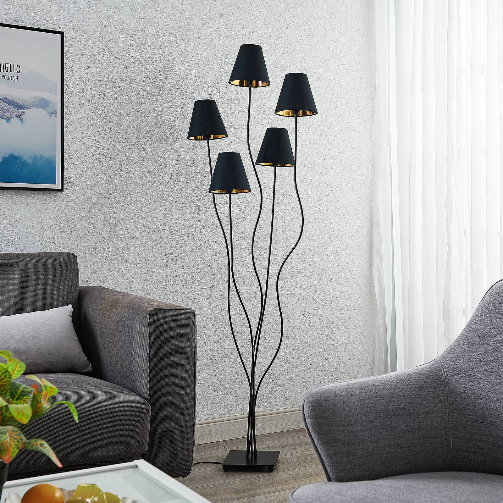 Lindby Komalie golvlampa, 5 lampor, svart