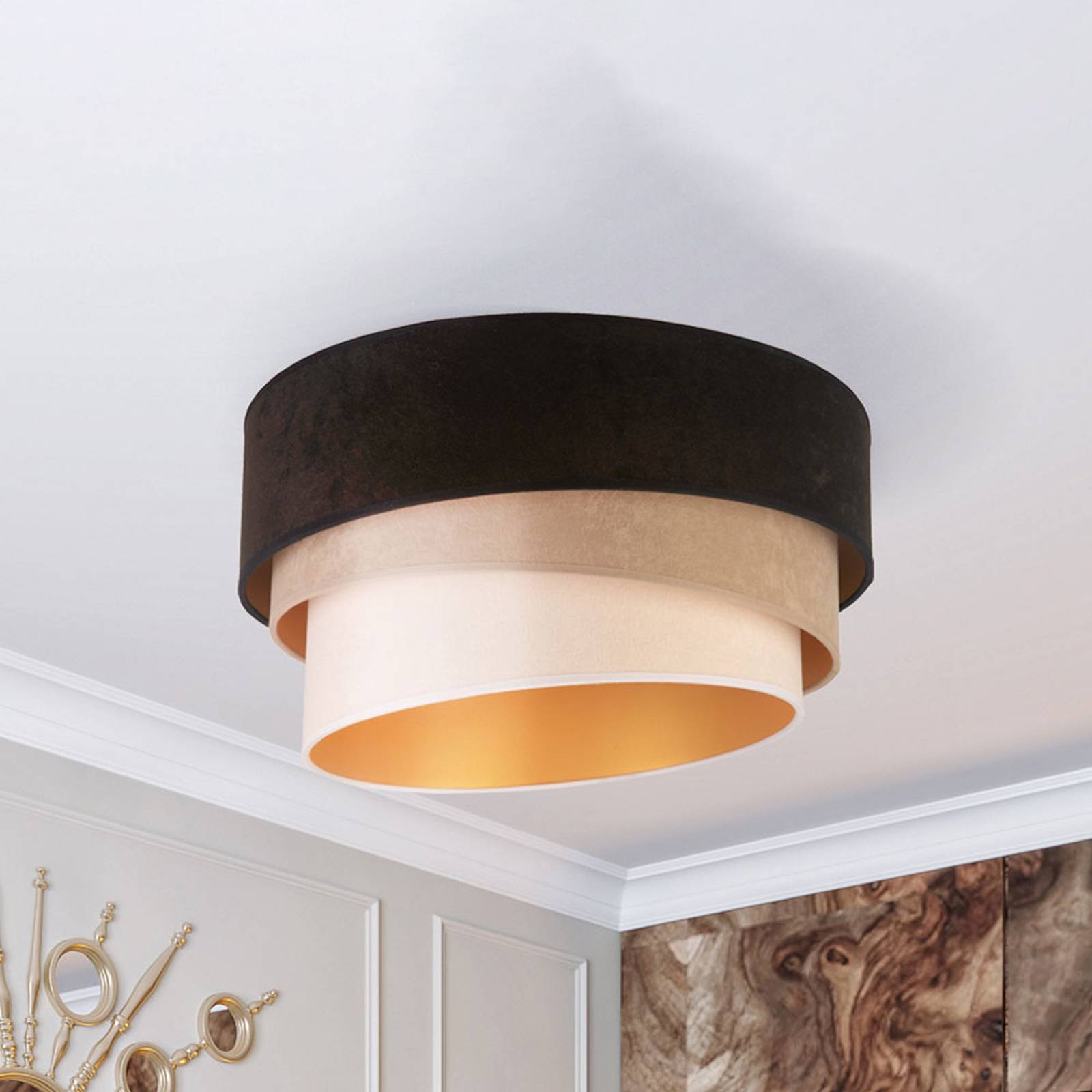 Taklampa Devon, svart/beige/écru/guld