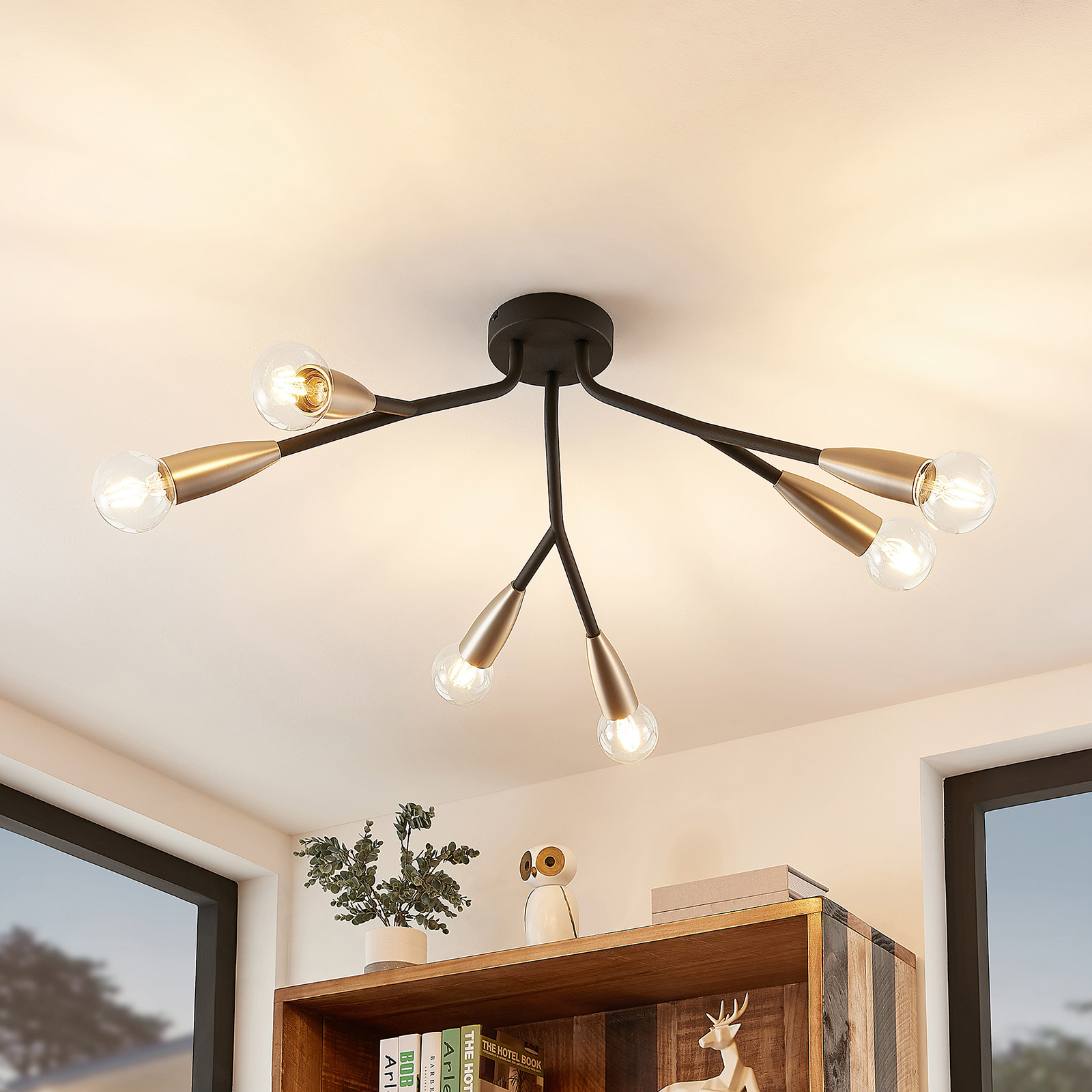 Lucande Carlea taklampa, 6 lampor svart nickel