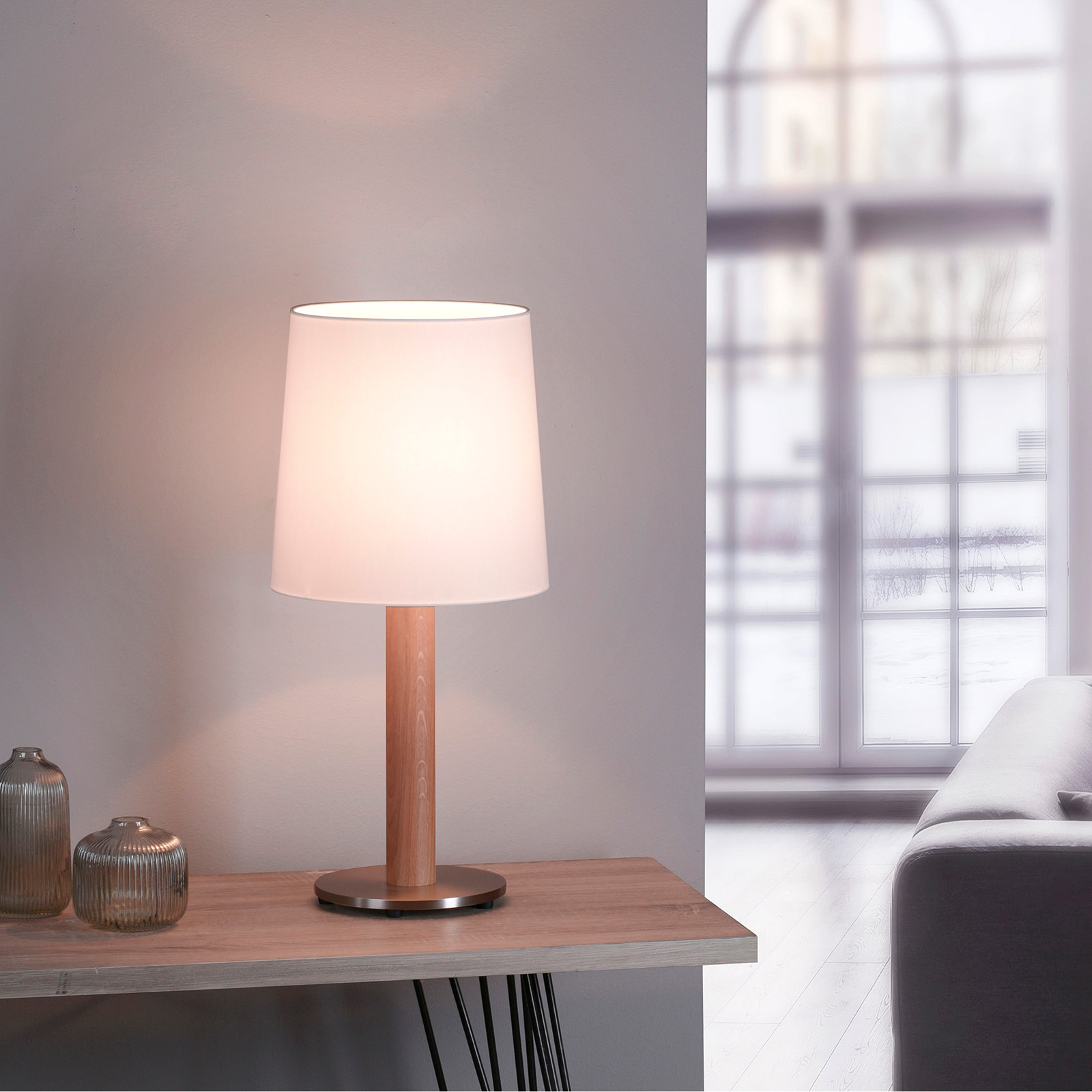 Lucande Elif bordslampa, vit cylinder ek natur