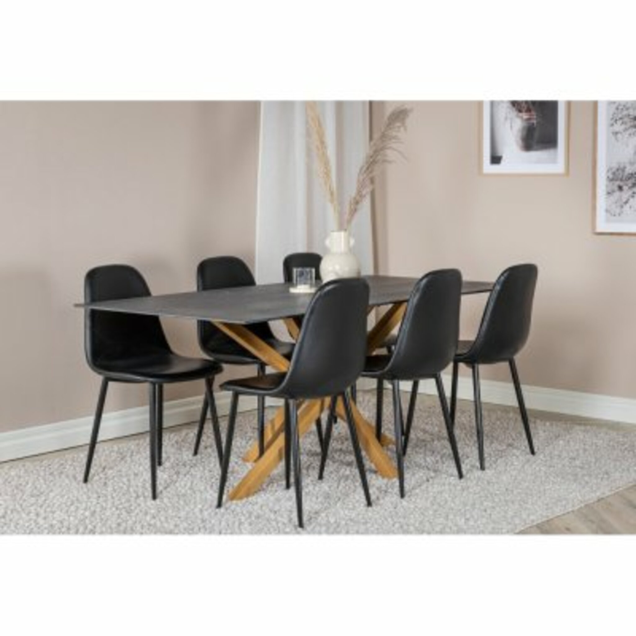 Matgrupp, matbord Piazza 180x90x75cm, glas/sten-look/ek-look + 6 st matstol Polar, svart