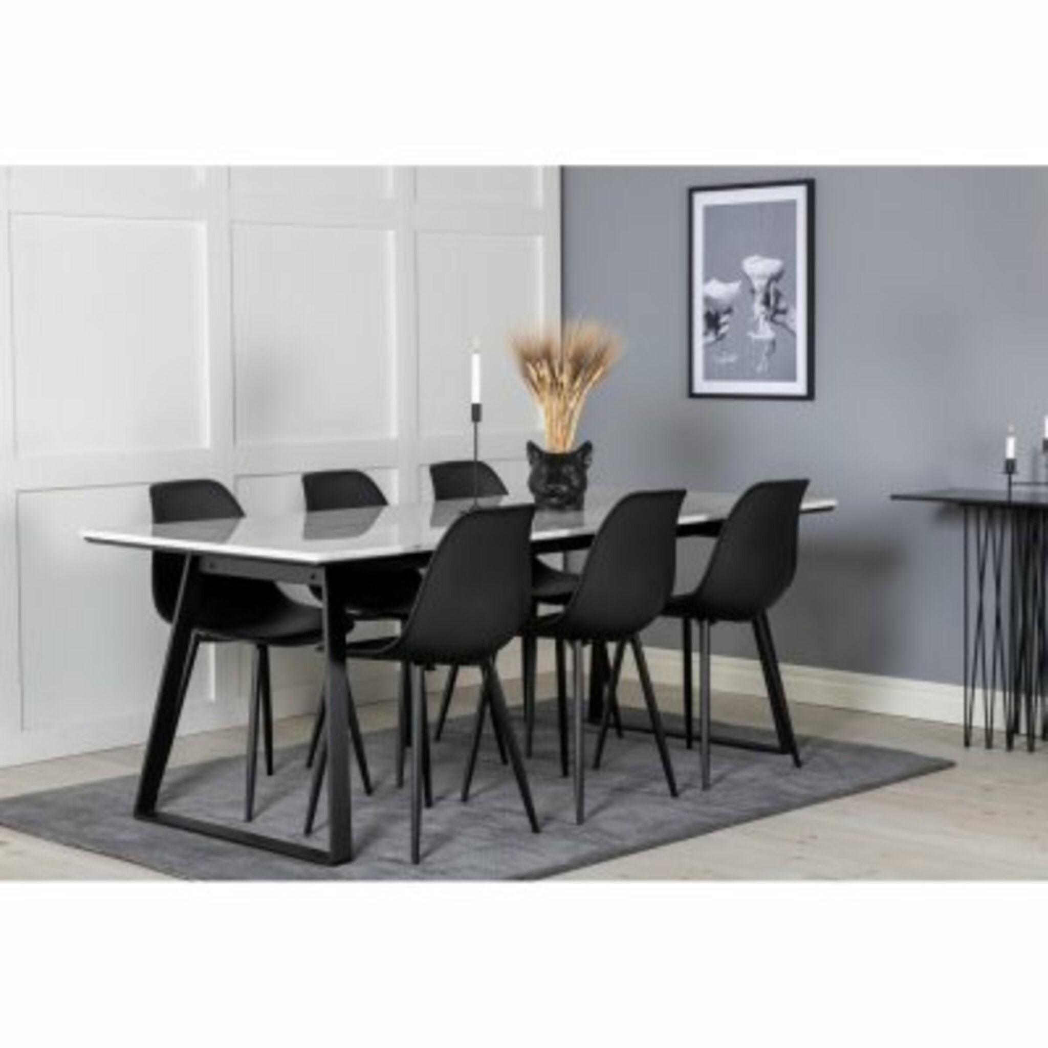 Matgrupp, matbord Estelle 200x90cm, vit marmor/svart + 6 st matstol Polar, svart