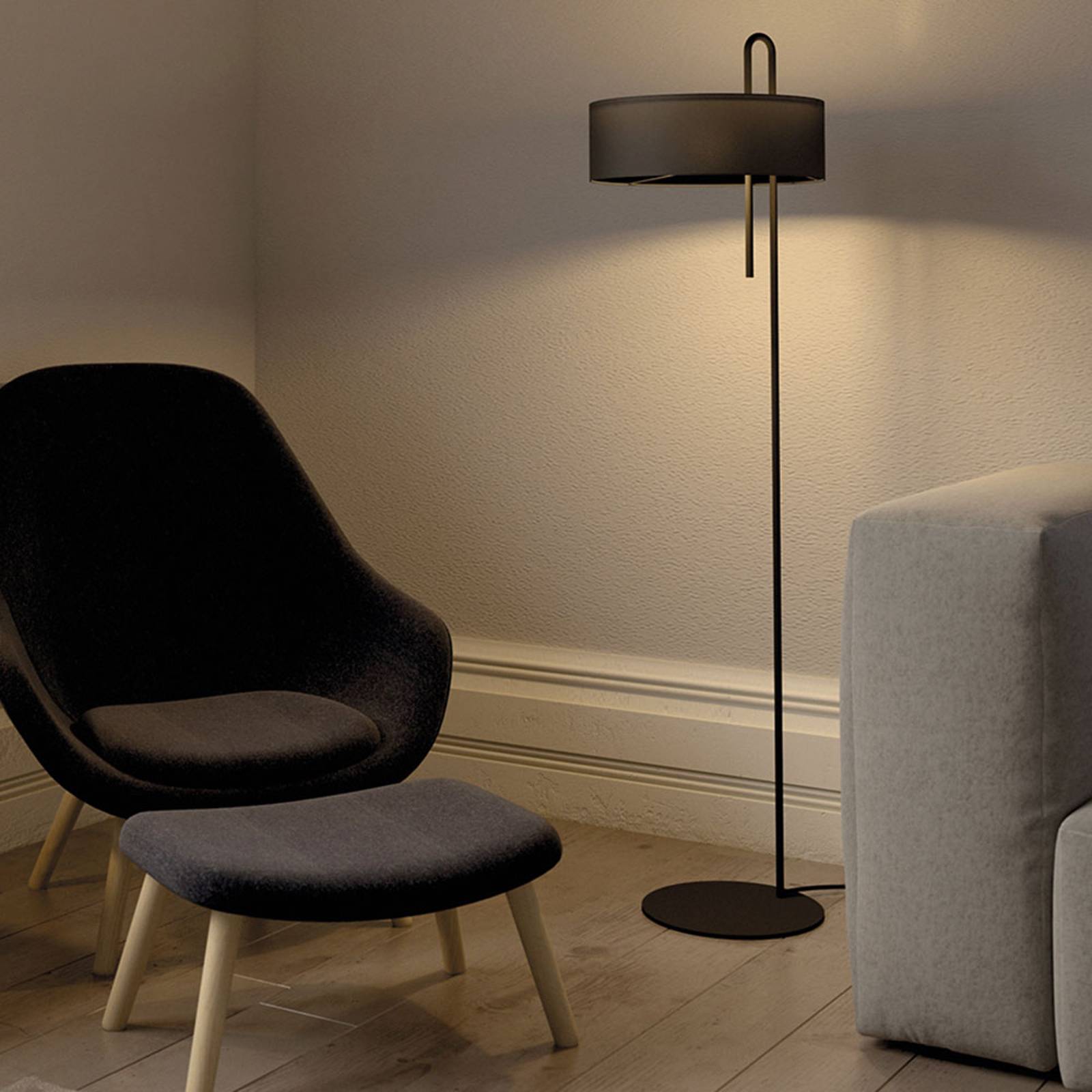 Textil-golvlampa Clip, svart, höjd 150 cm