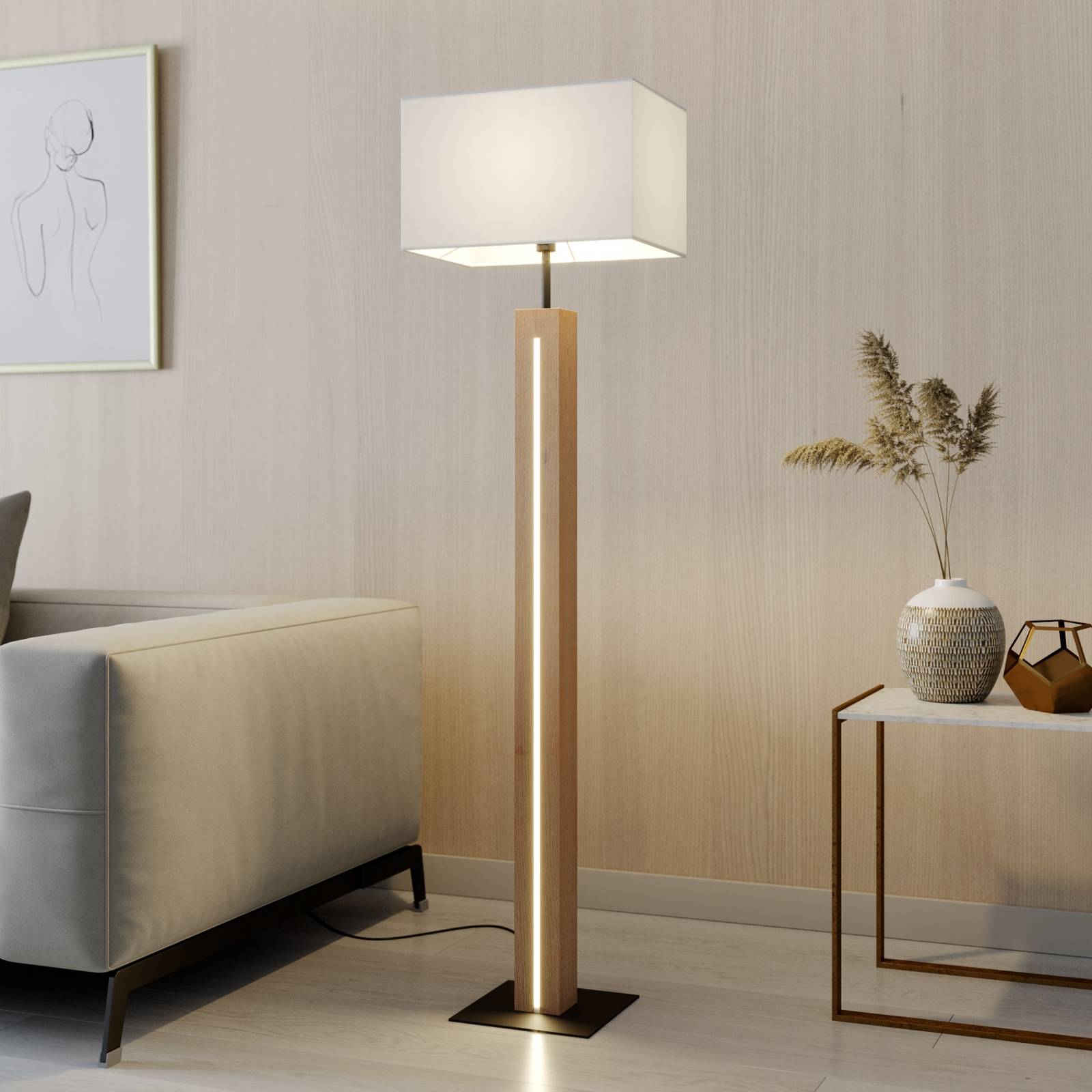 Tyg-golvlampa Garry med träfot, kantig